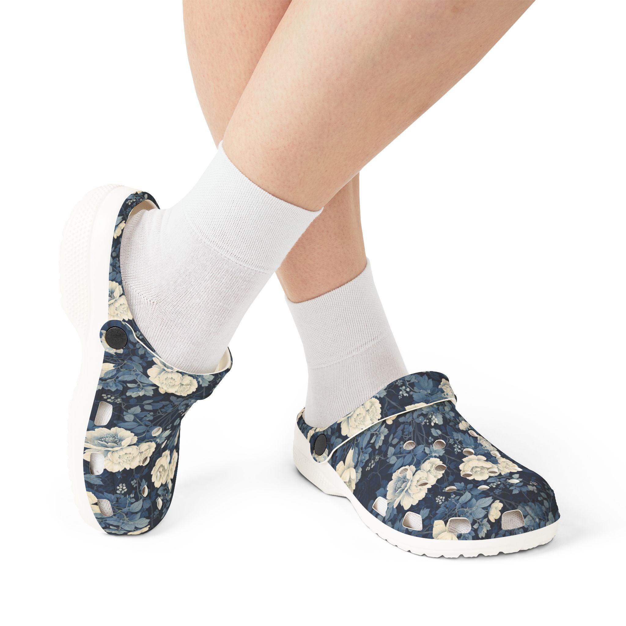 Floral Clogs - Vintage Blue Rose Slip-On Shoes