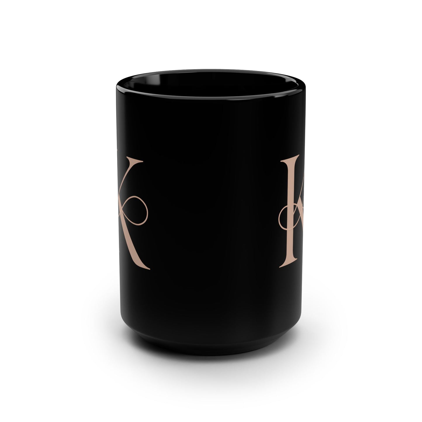 Monogram K Black Ceramic Mug – Elegant Rose Gold Initial Coffee Cup, 15oz