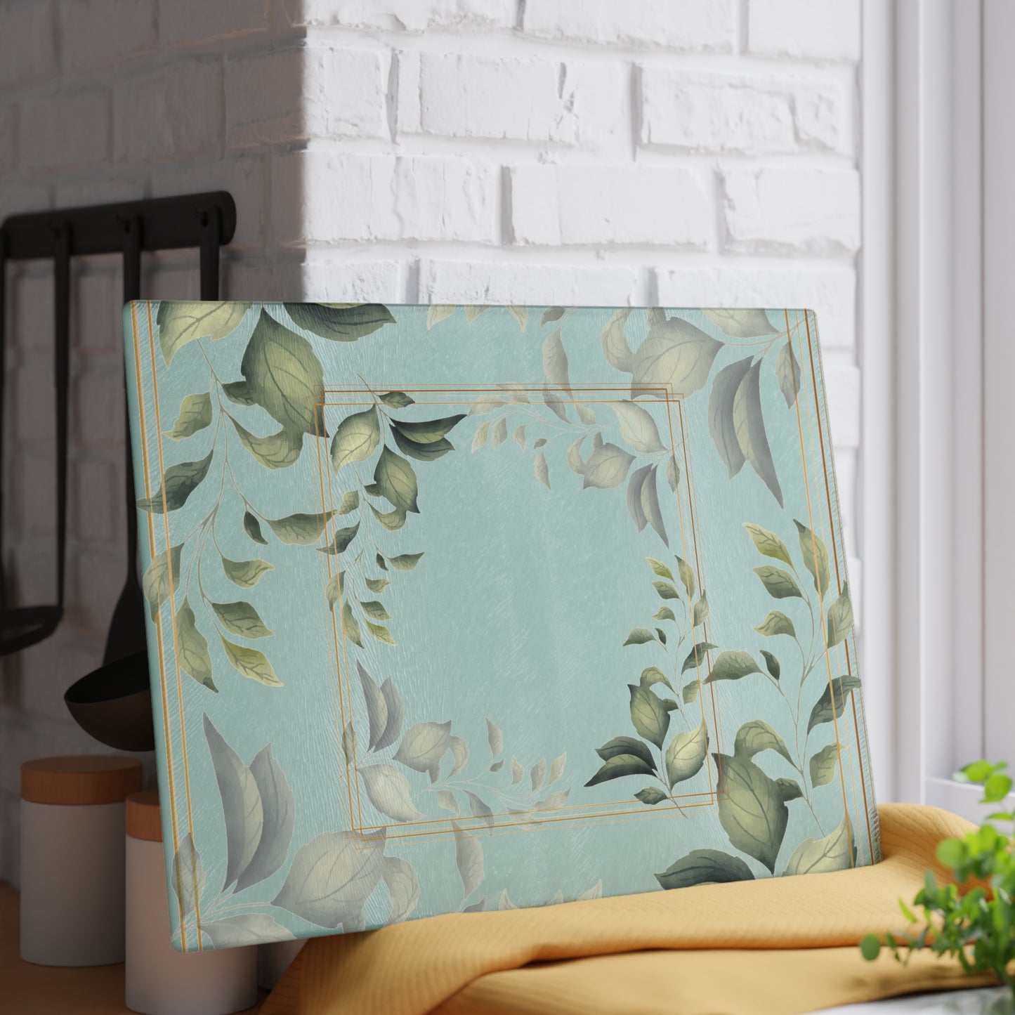 Glass Cutting Board — Botanical Green Leaf Decorative Kitchen Board
