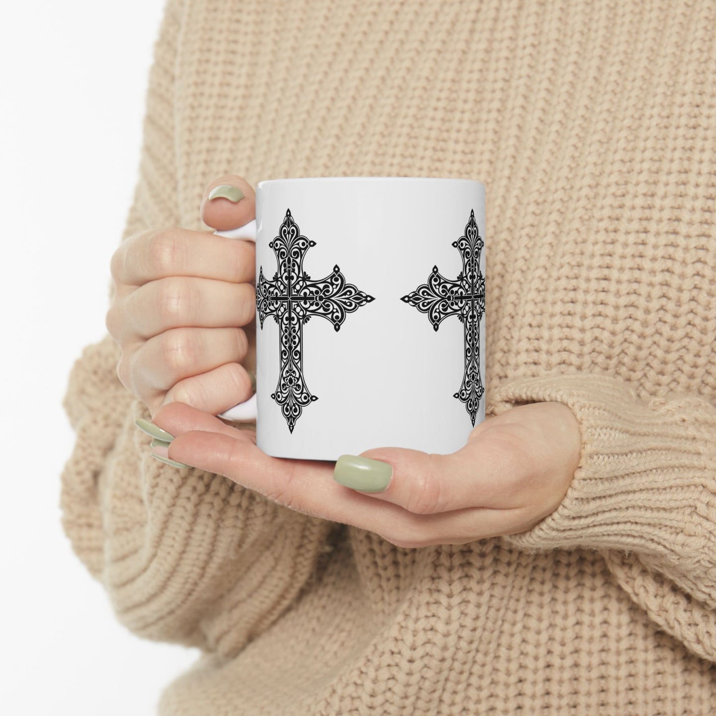 Gothic Cross Ceramic Mug - Spiritual Gift for Faith Lovers, Black and White Design, Perfect for Coffee or Tea, Housewarming, Religious [...]