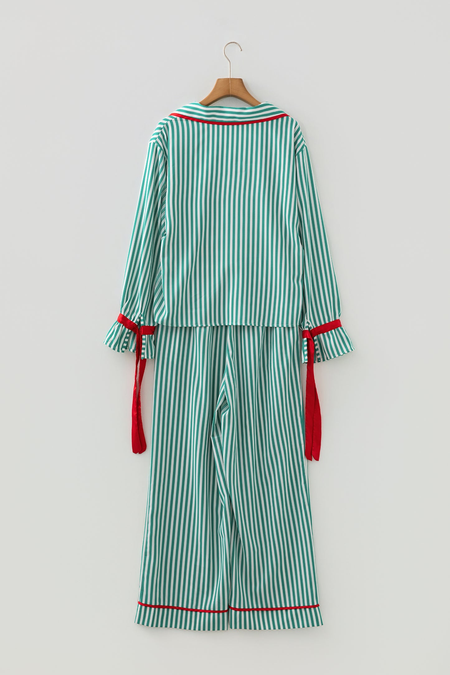 Green Stripe Contrast Velvet Trim Bow Knot Waist 2pcs Pajama Set