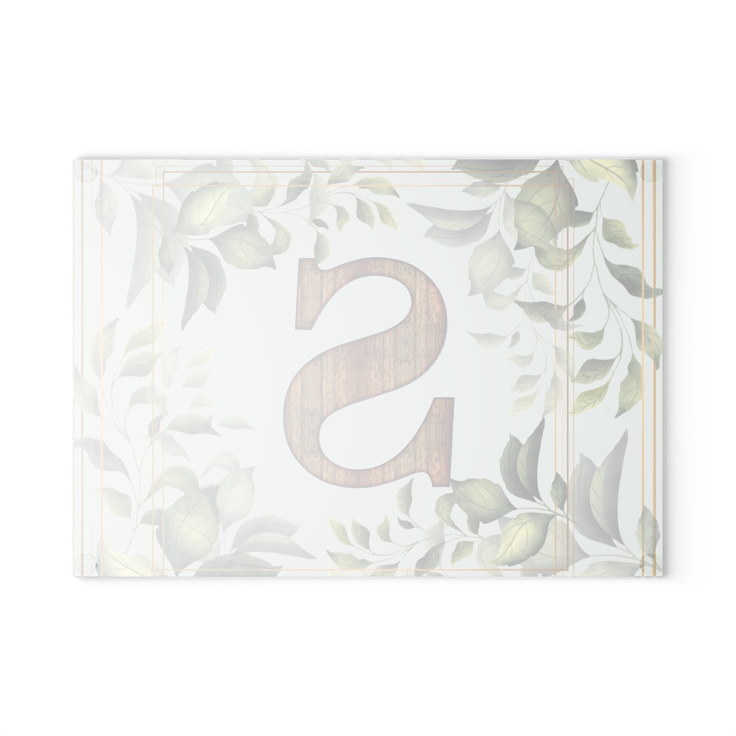 Monogram S Glass Cutting Board — Rustic Wood Initial with Greenery