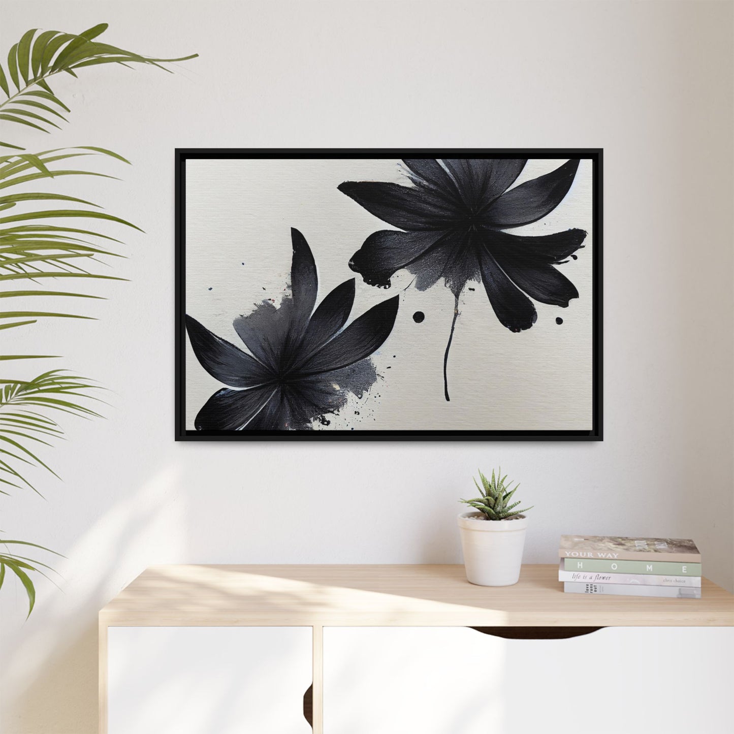 Framed Black Floral Matte Canvas Wall Art — Monochrome Botanical Print