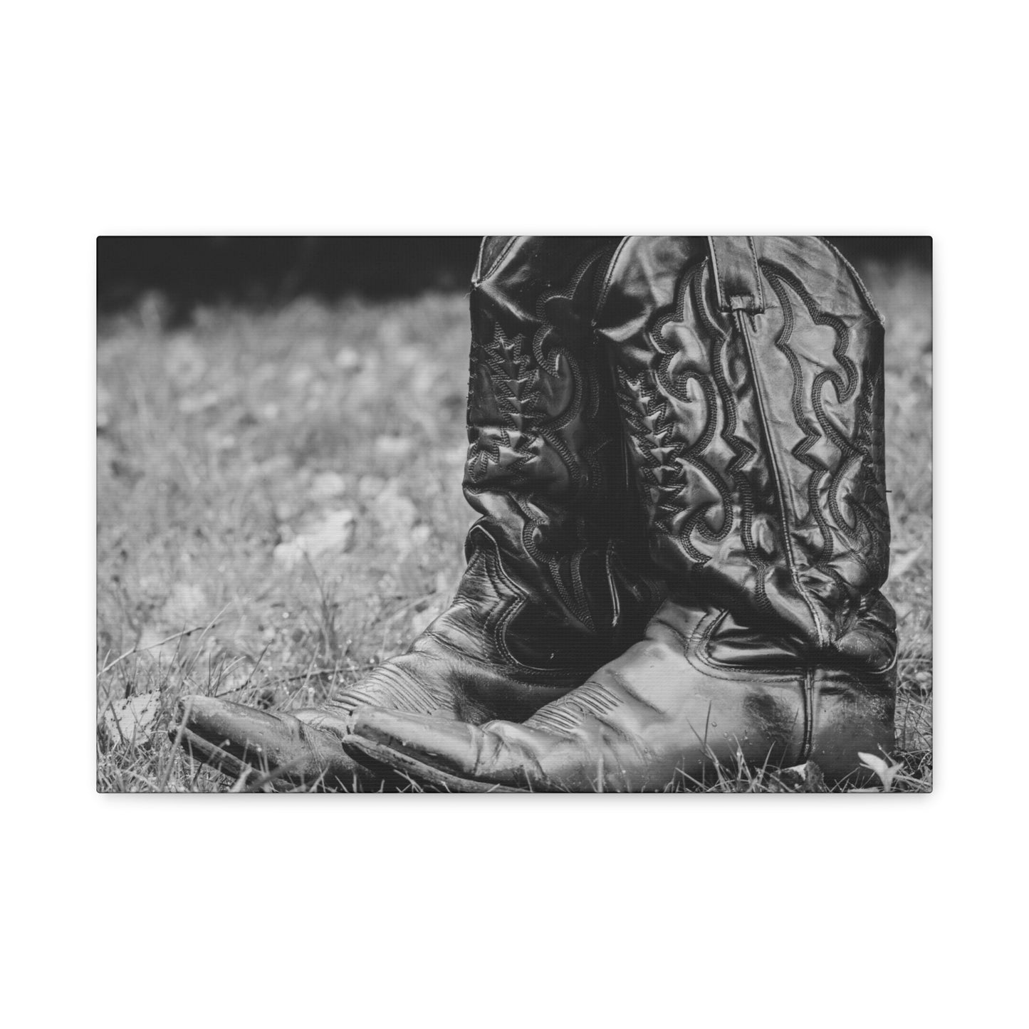 Western Cowboy Boots Matte Canvas Wall Art – Black & White Rustic Country Decor