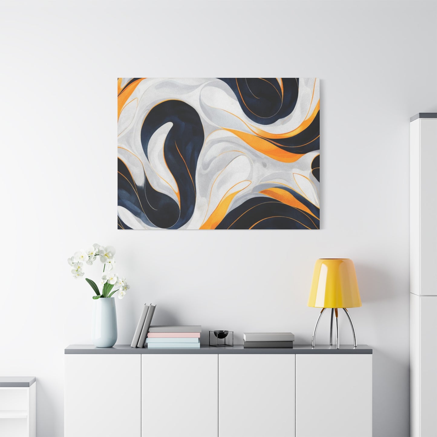 Abstract Fluid Art Matte Canvas Print — Navy, Gold & White Stretched Wall Art