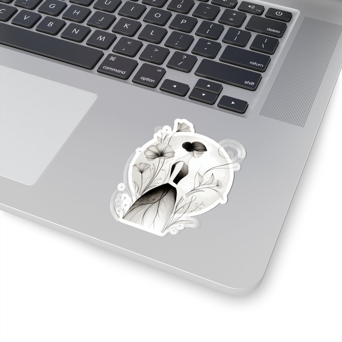 Elegant Floral Girl Kiss-Cut Sticker — Monochrome Botanical Laptop Decal