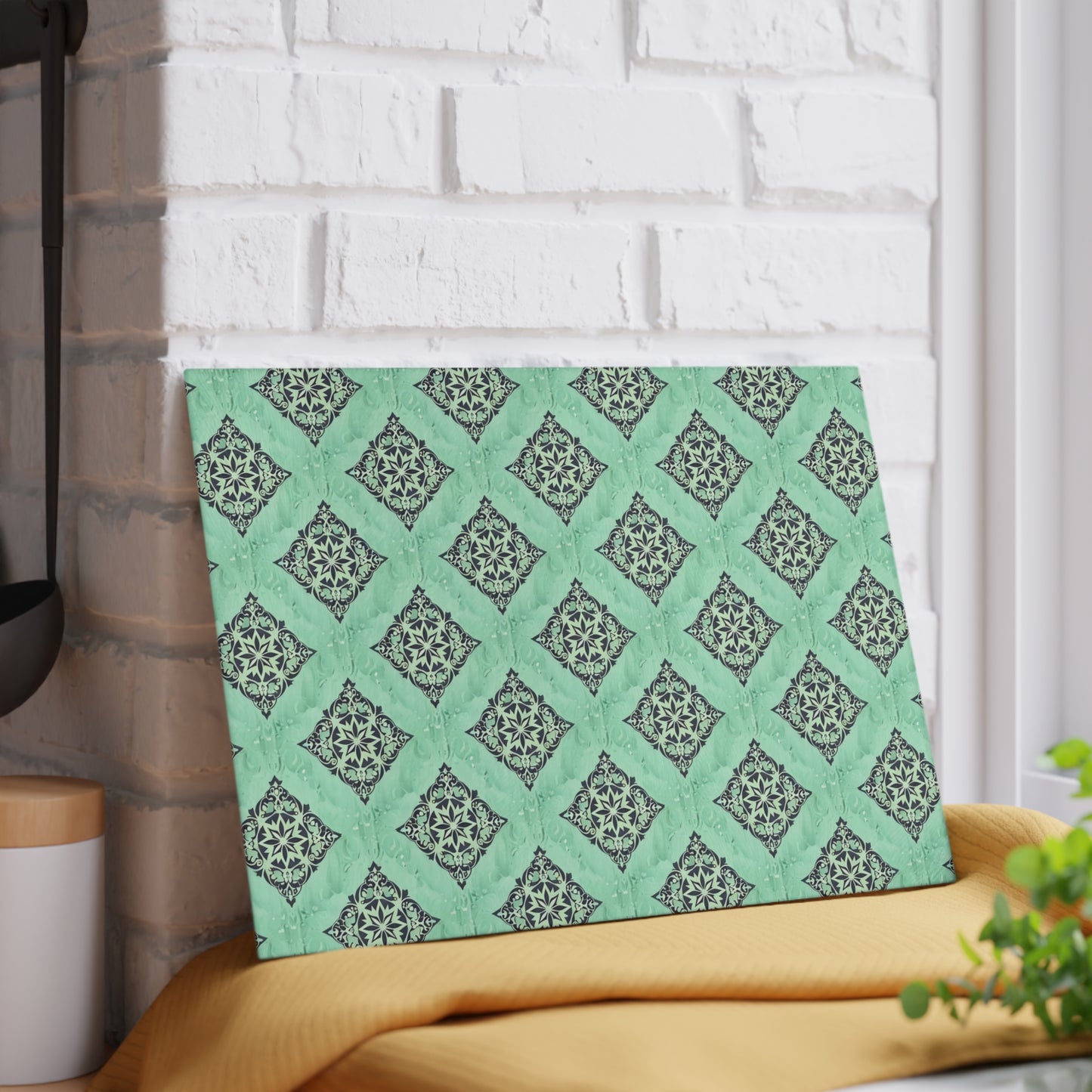 Mint Damask Glass Cutting Board — Decorative Kitchen Chopping Board