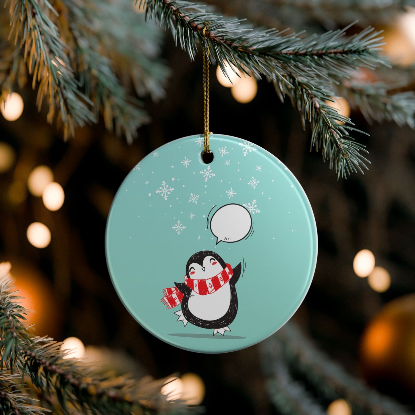 Cute Penguin Ceramic Ornament — Holiday Snowflakes, Two-Sided Christmas Tree Decoration