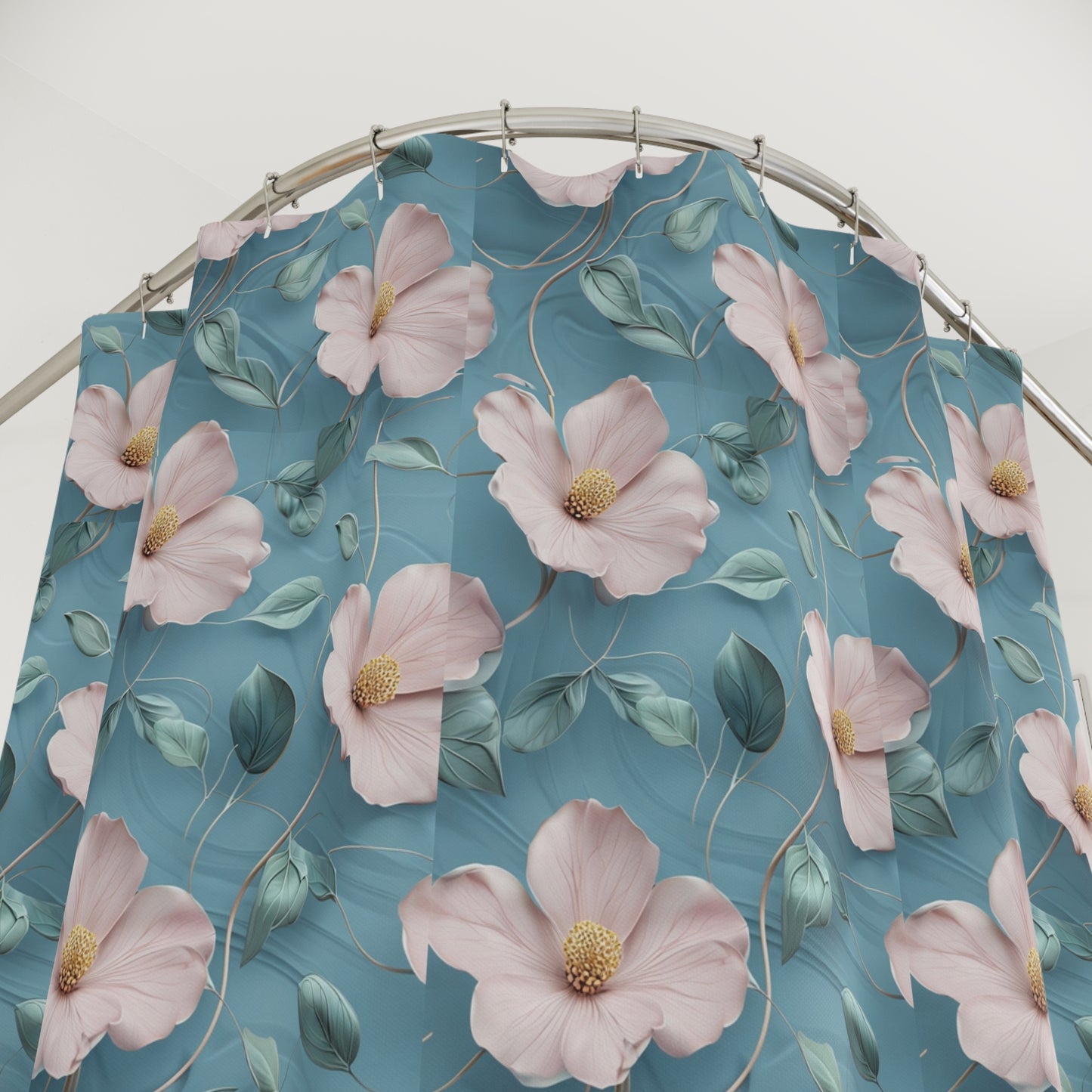 Floral Shower Curtain – Pink Blossoms on Teal Botanical Bathroom Decor