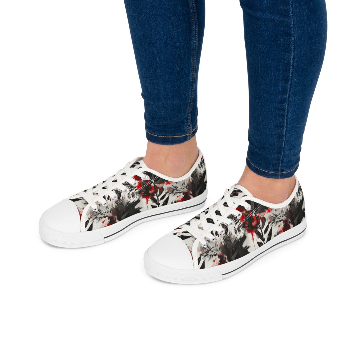 Floral Ink-Blend Low Top Sneakers — Artistic Black & Red Canvas Shoes