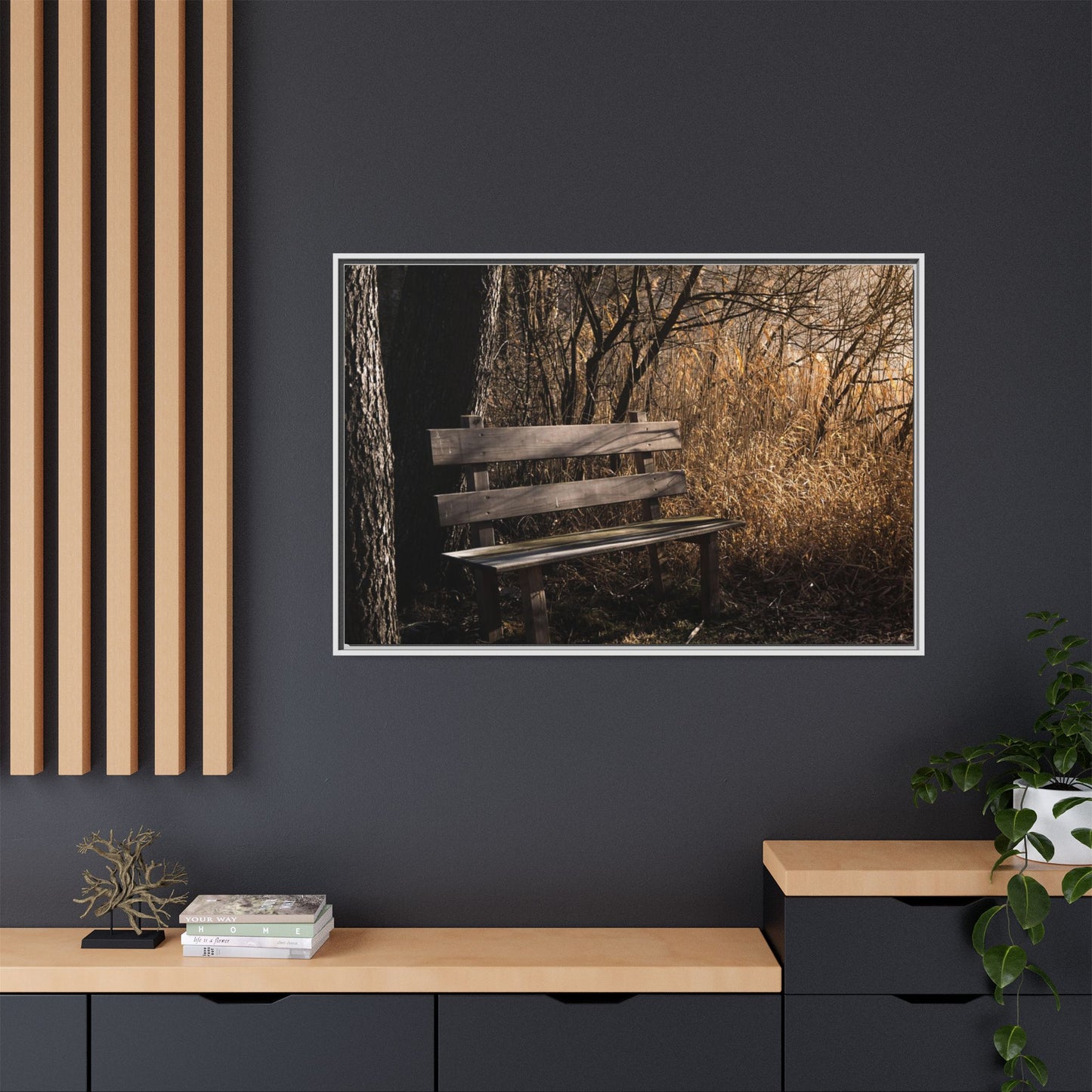 Framed Matte Canvas Print — Autumn Park Bench Photography