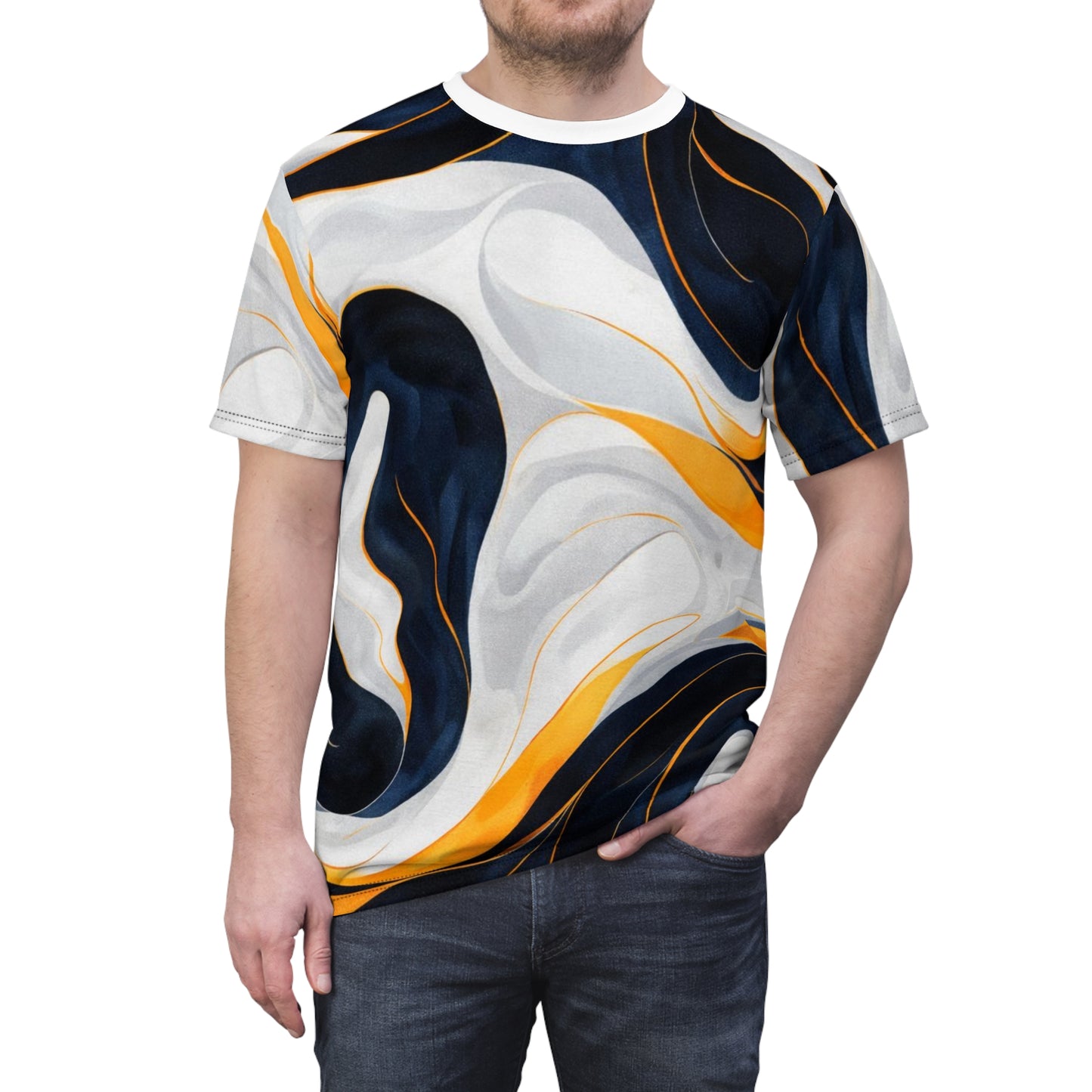 Abstract Marble Swirl Tee - Navy, White & Gold All-Over Print