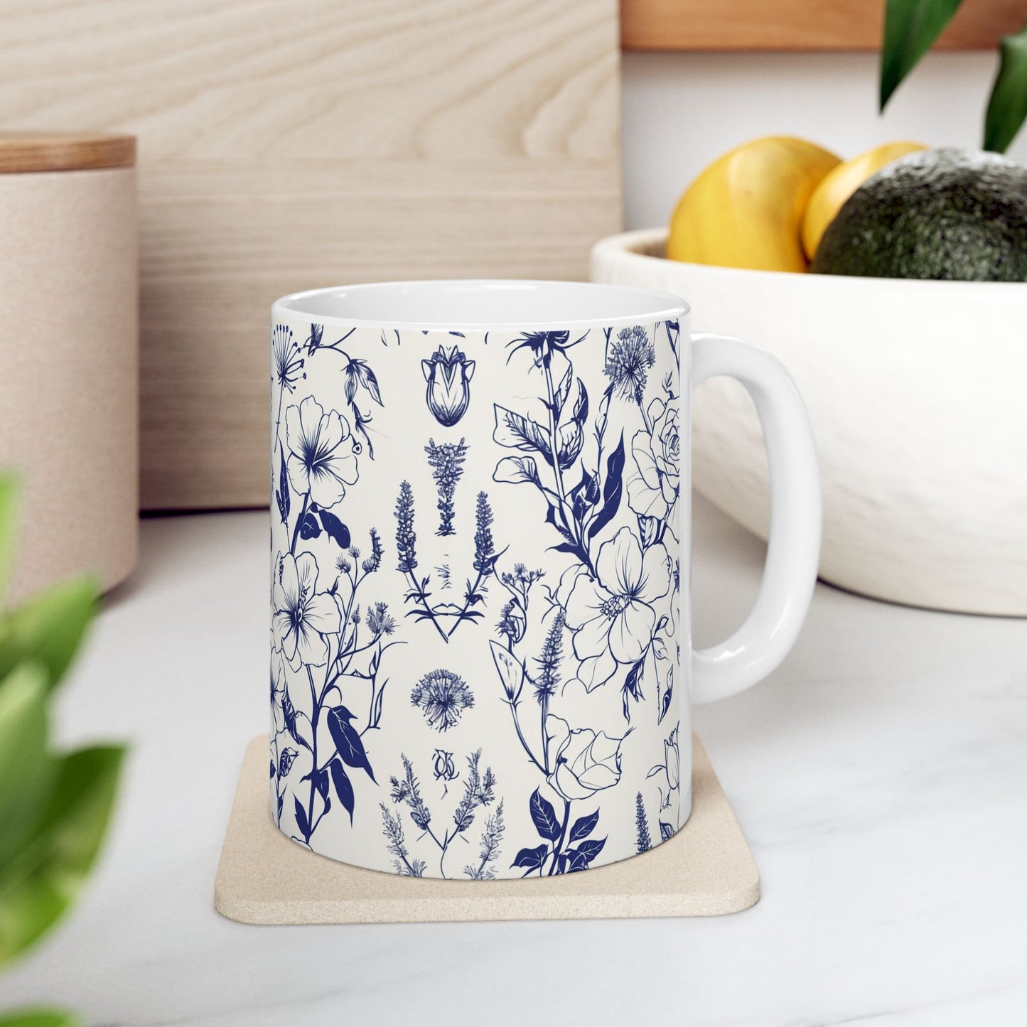 Blue Floral Ceramic Mug — Vintage Navy Botanical Coffee Cup (11oz, 15oz)
