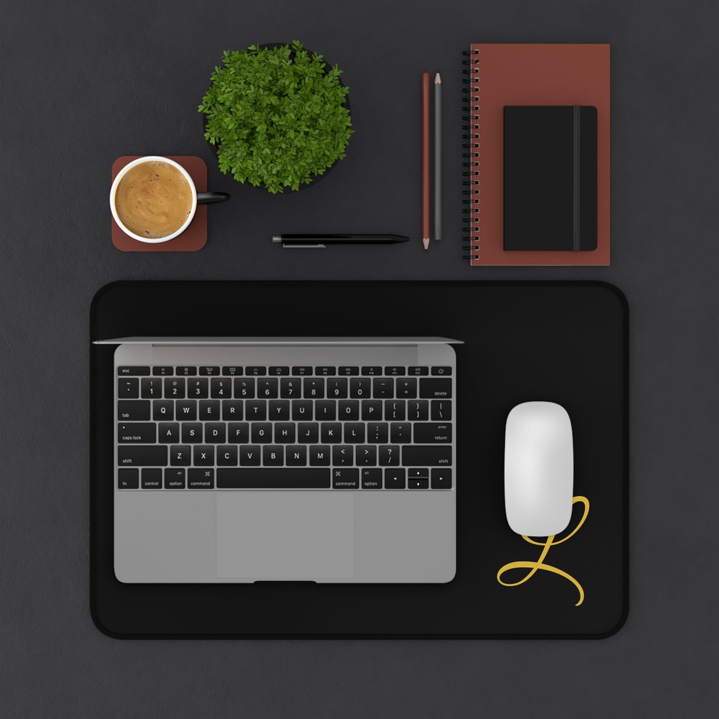 Elegant Monogram Desk Mat — Black Desk Pad with Gold “L” Accent