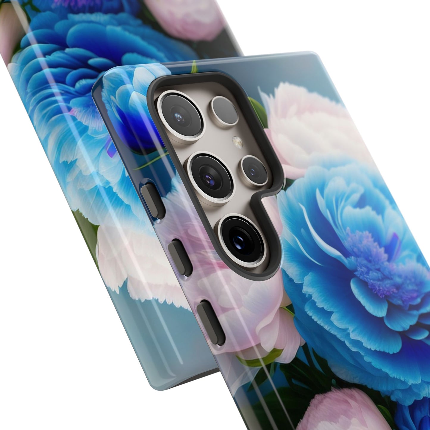 Floral Blue Peony Phone Case — Protective Tough Case with Pink & Blue Blooms