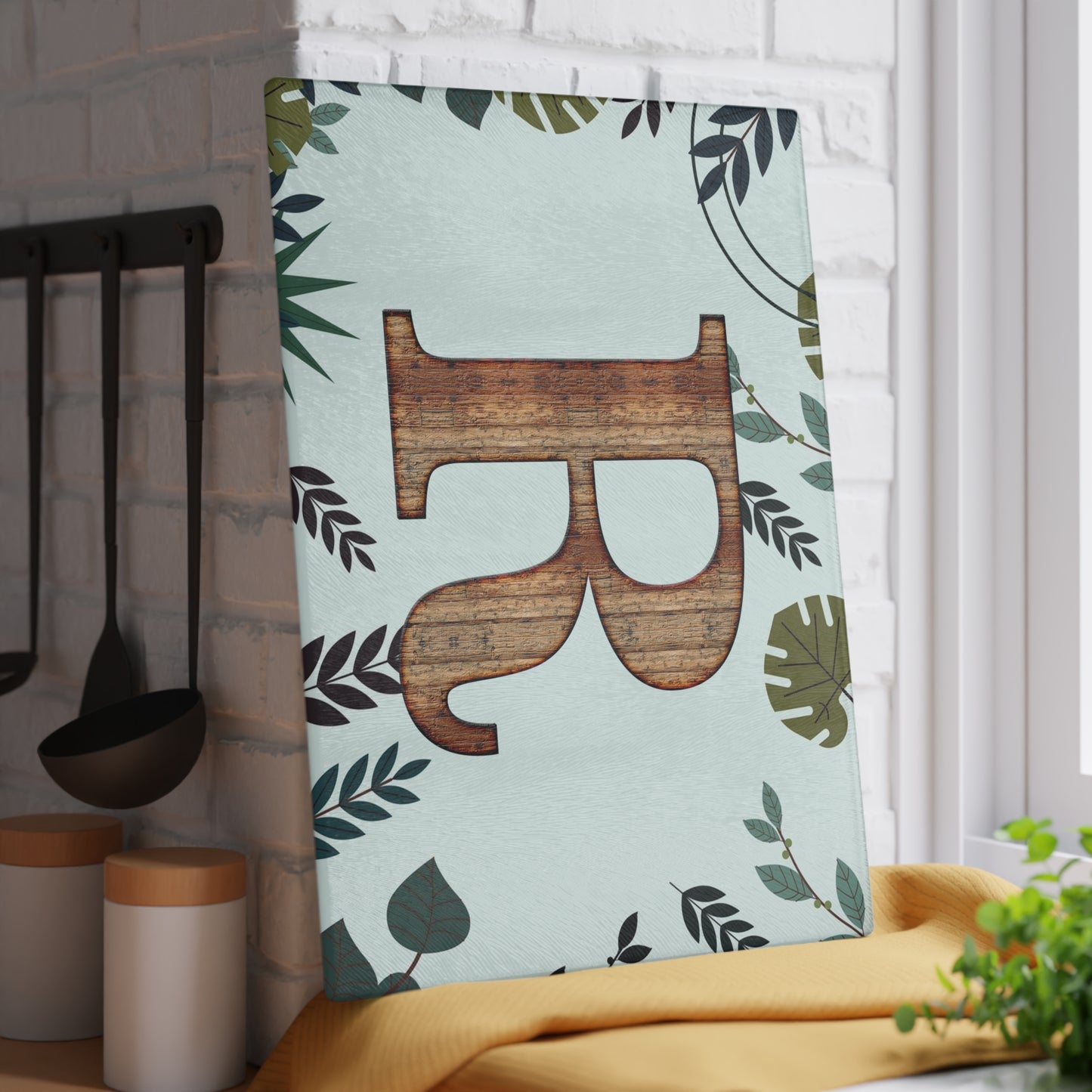 Monogram 'R' Glass Cutting Board — Rustic Wood Letter on Botanical Background