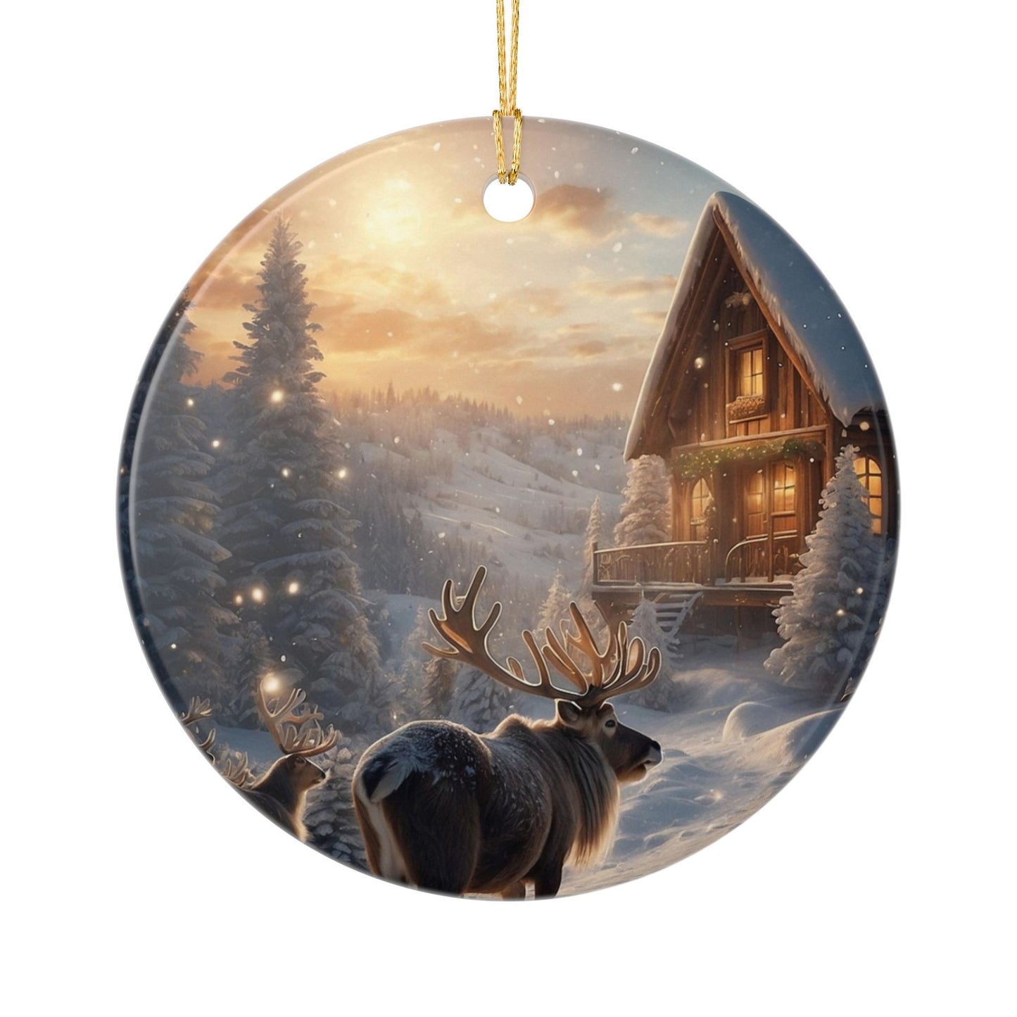Rustic Winter Cabin Ceramic Ornament — Reindeer Scene Holiday Tree Decoration