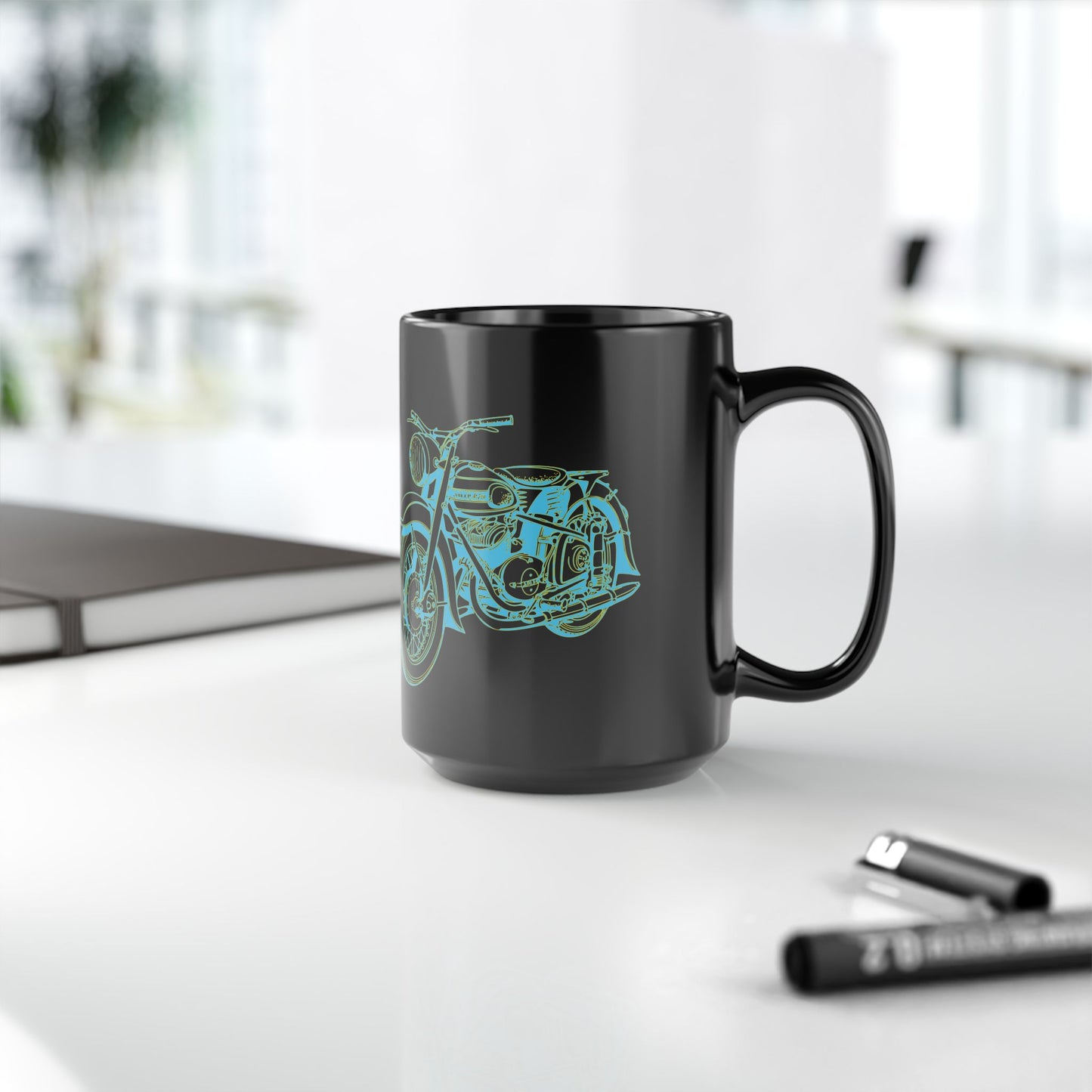 Motorcycle Sketch Black 15oz Mug — Vintage Bike Coffee Cup