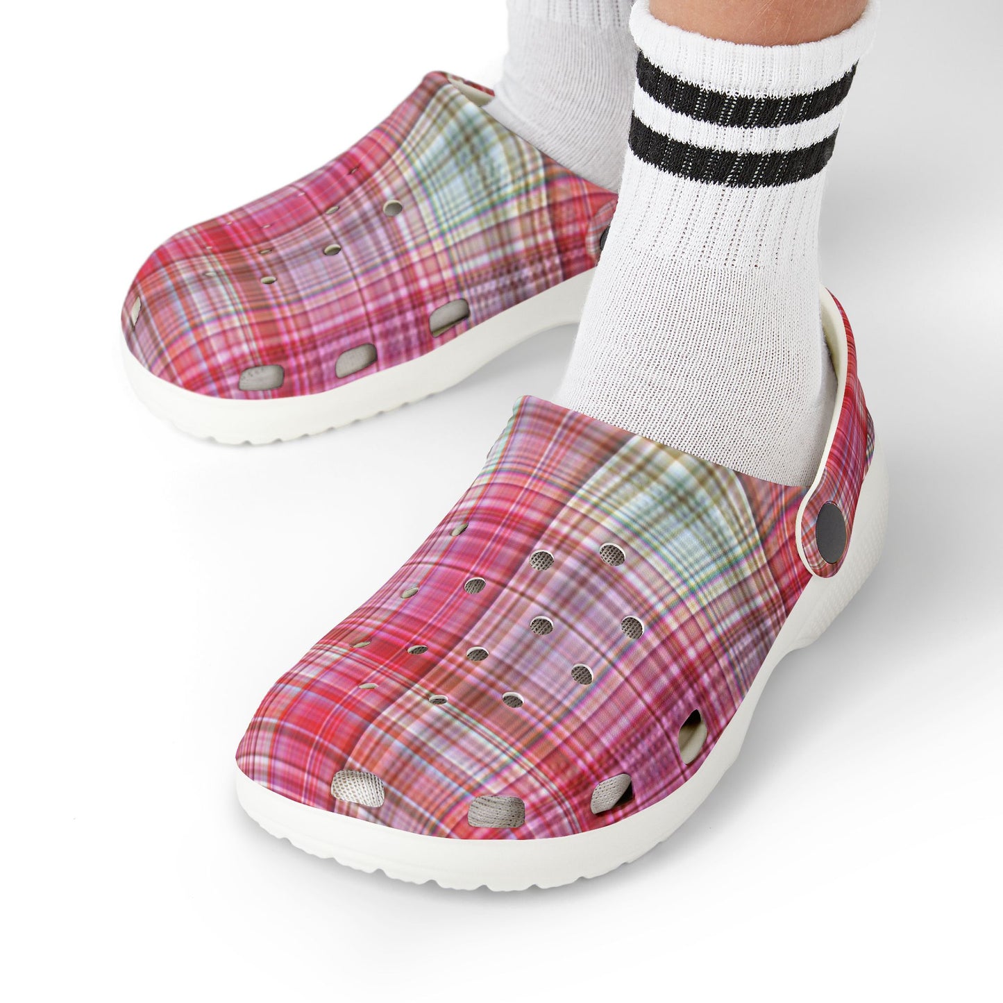 Kids Pink Plaid EVA Foam Clogs — Lightweight Slip-On Garden Shoes