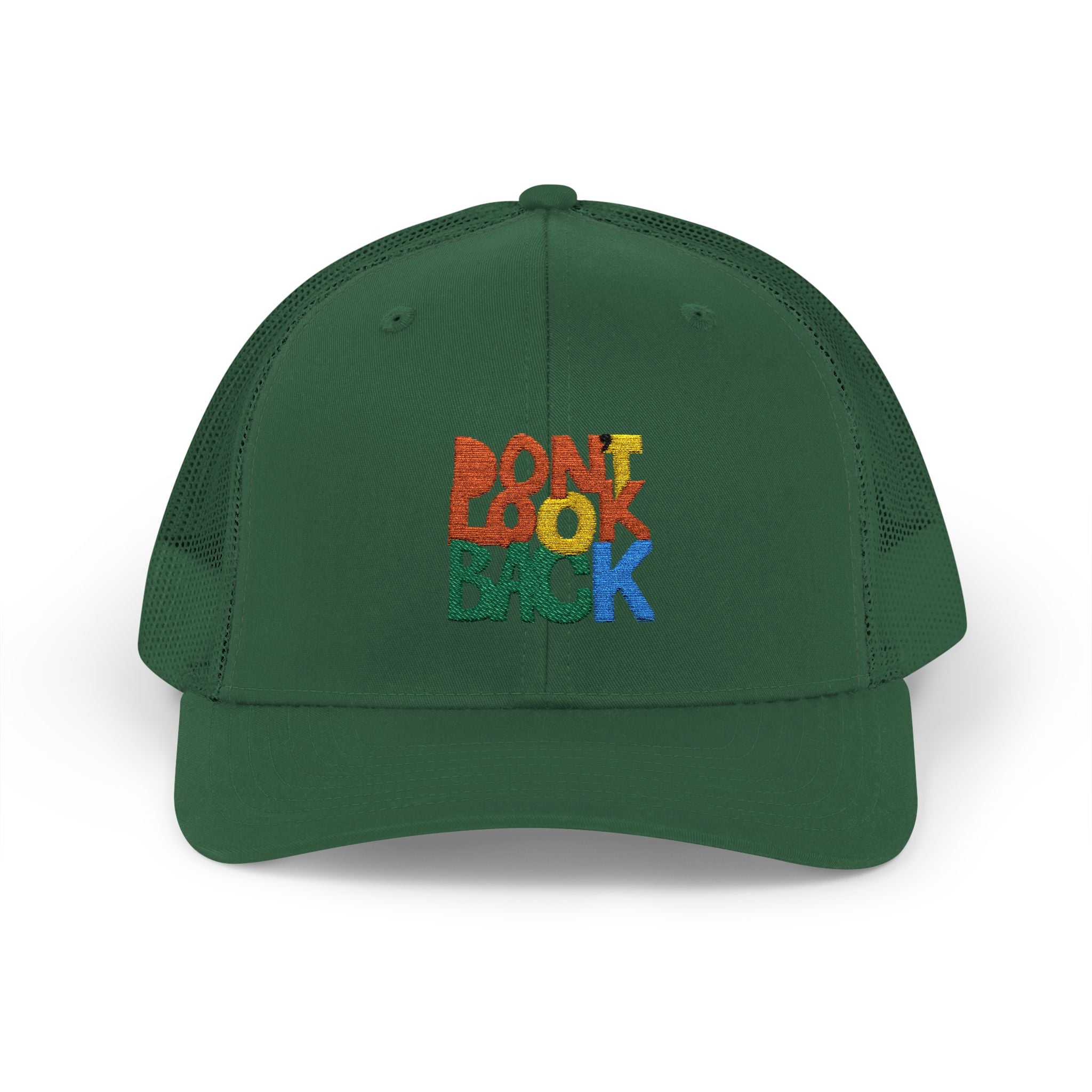 Don’t Look Back Snapback Trucker Cap — Retro Rainbow Embroidered Hat