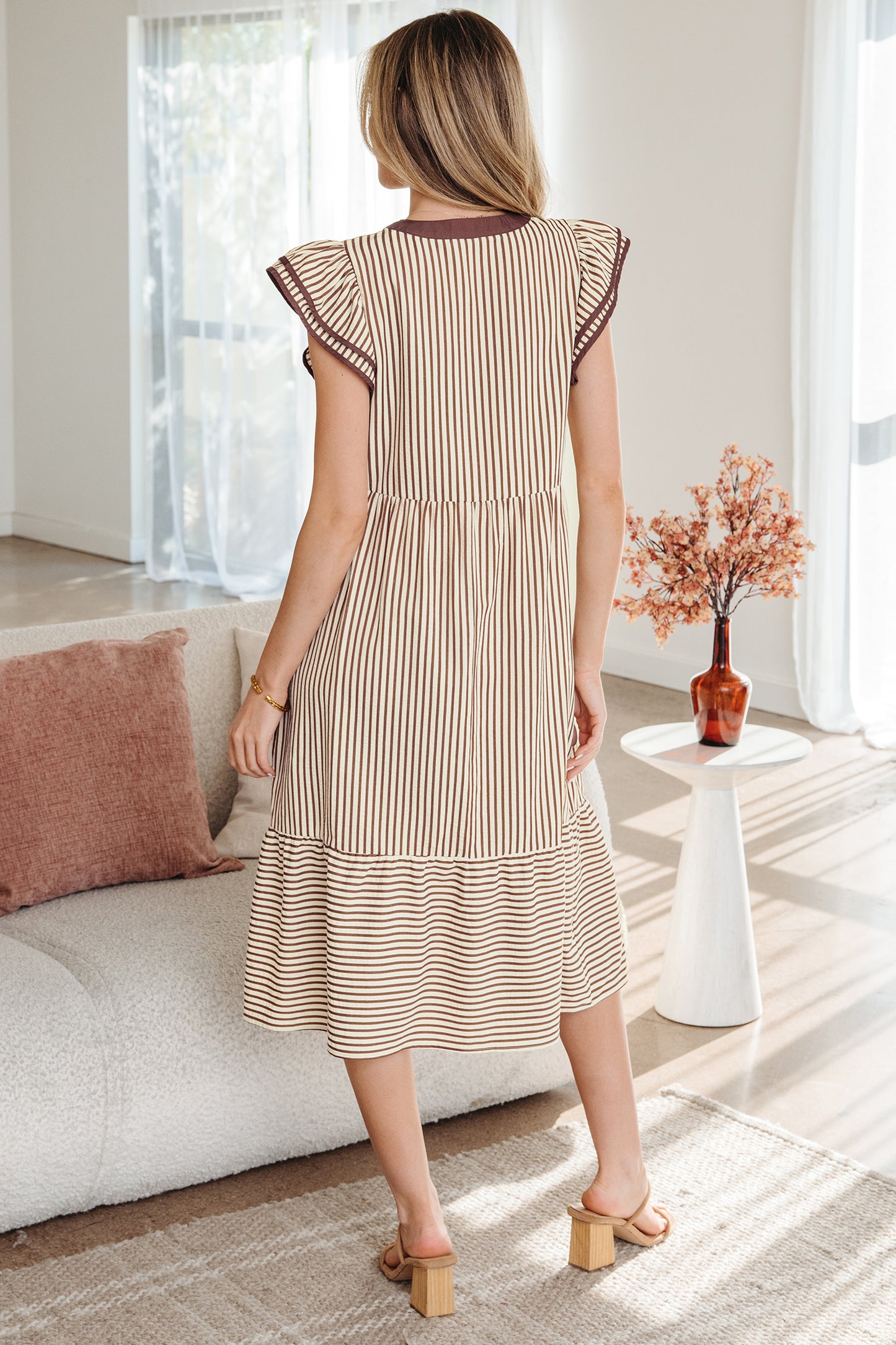 Brown Stripe Double Ruffled Short Sleeve Contrast Trim V Neck Midi Dress