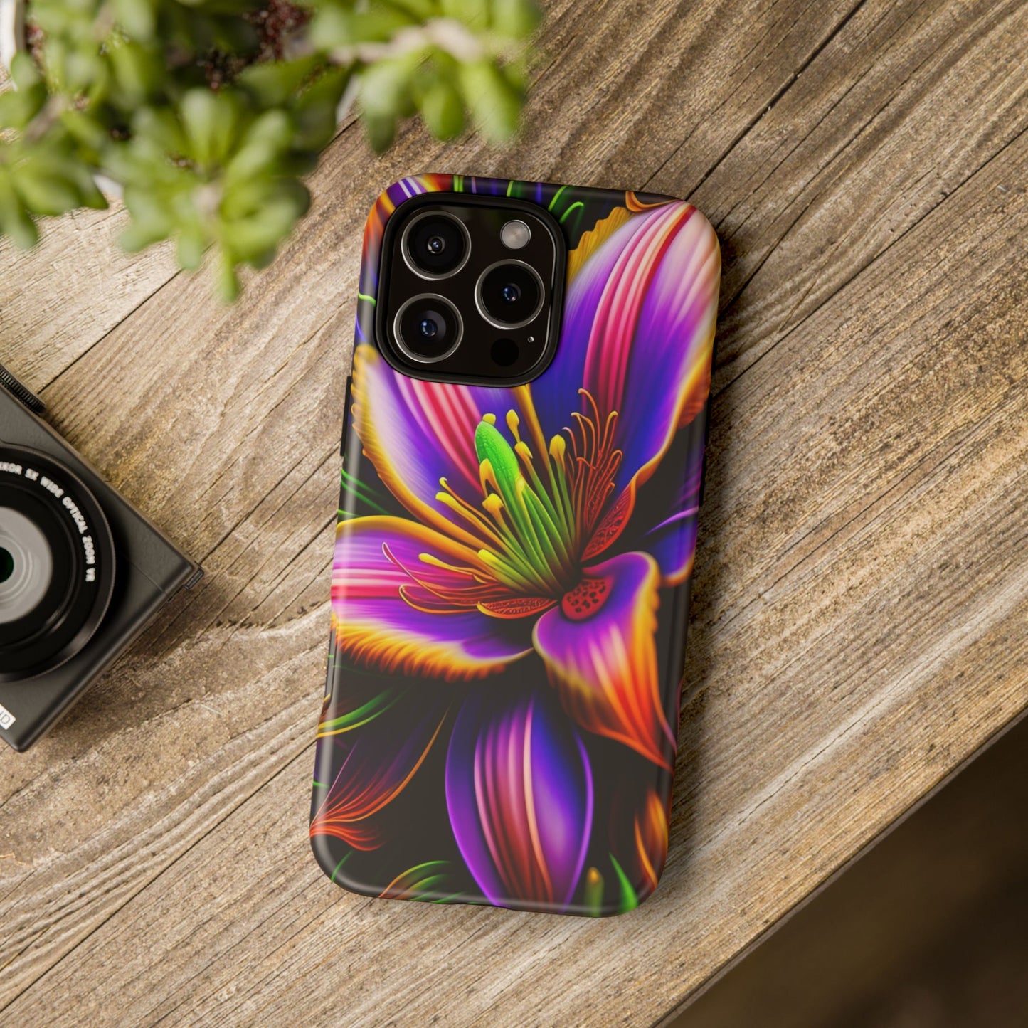 Floral Neon Tough Phone Case — Vivid Purple & Orange Lily Protective Cover