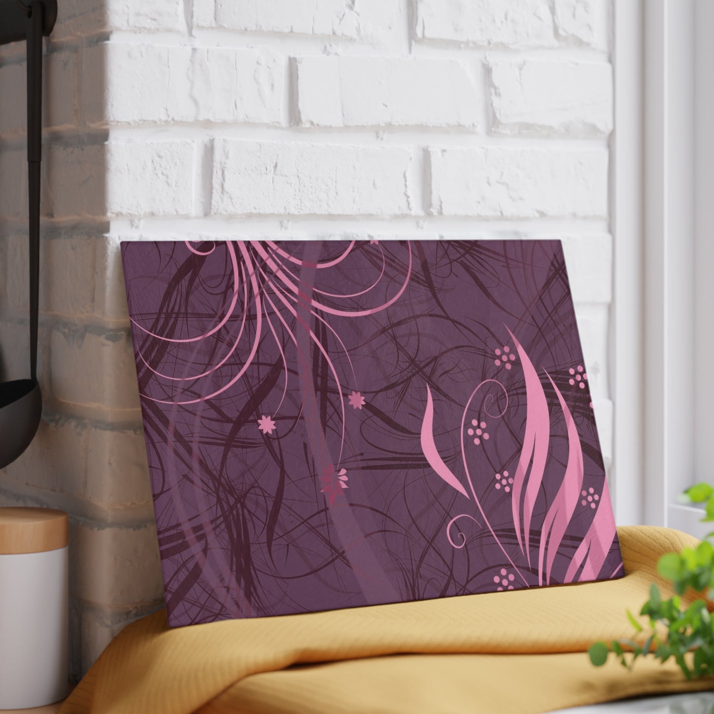 Glass Cutting Board — Pink Floral Swirl Design