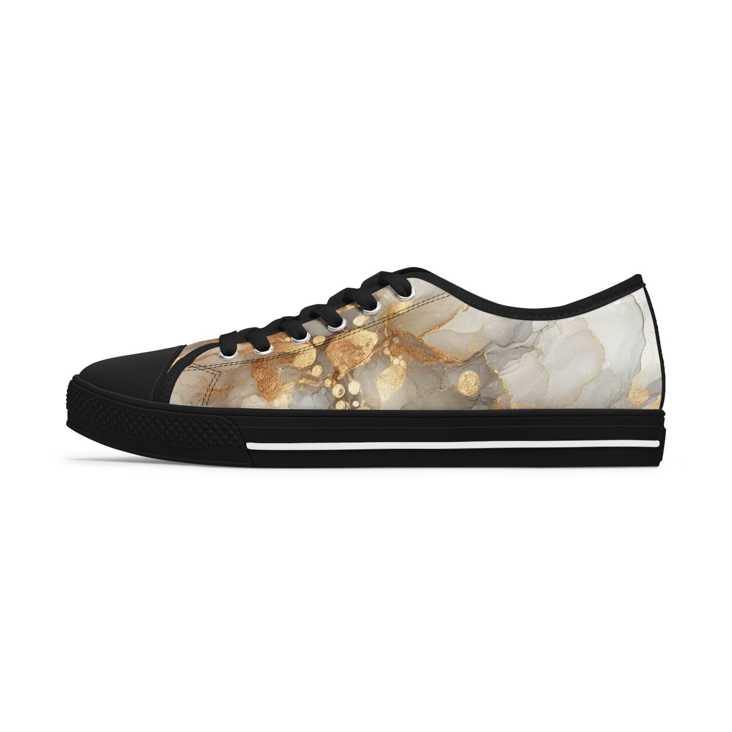 Gold Marble Women's Low Top Sneakers — Abstract Metallic Swirl Casual Shoes