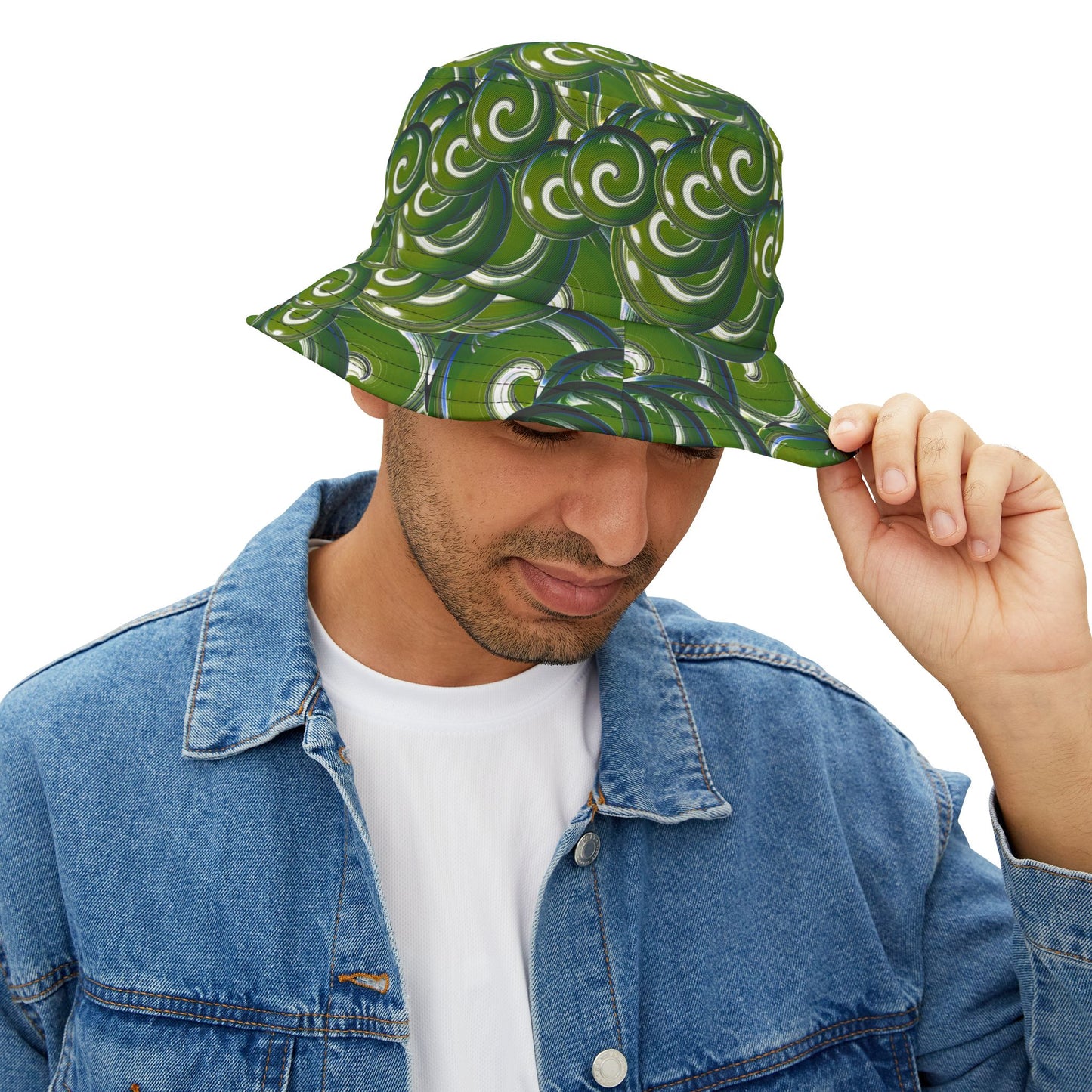 Green Swirl Pattern Bucket Hat – All-Over Print Casual Sun Hat