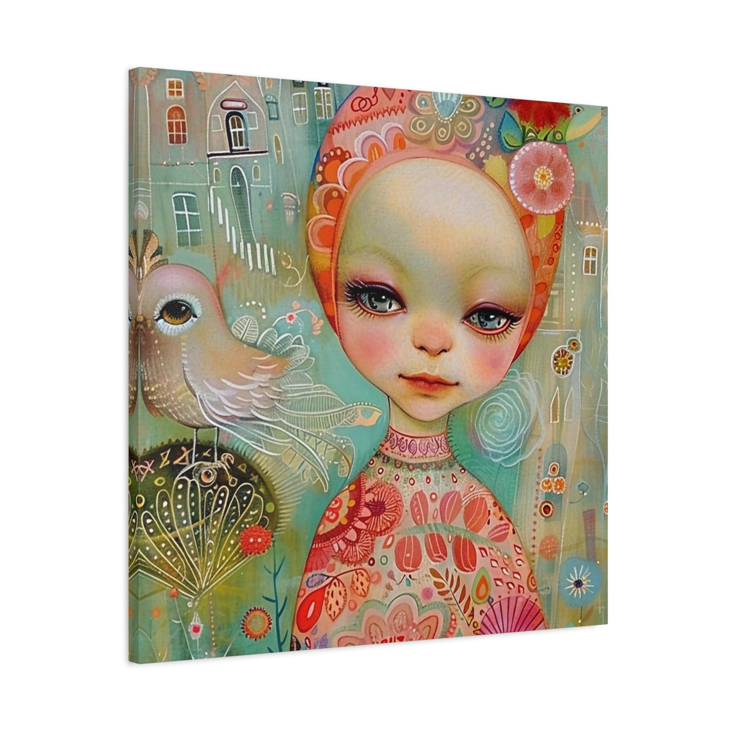Whimsical Girl & Bird Matte Canvas Wall Art — Stretched Decorative Painting
