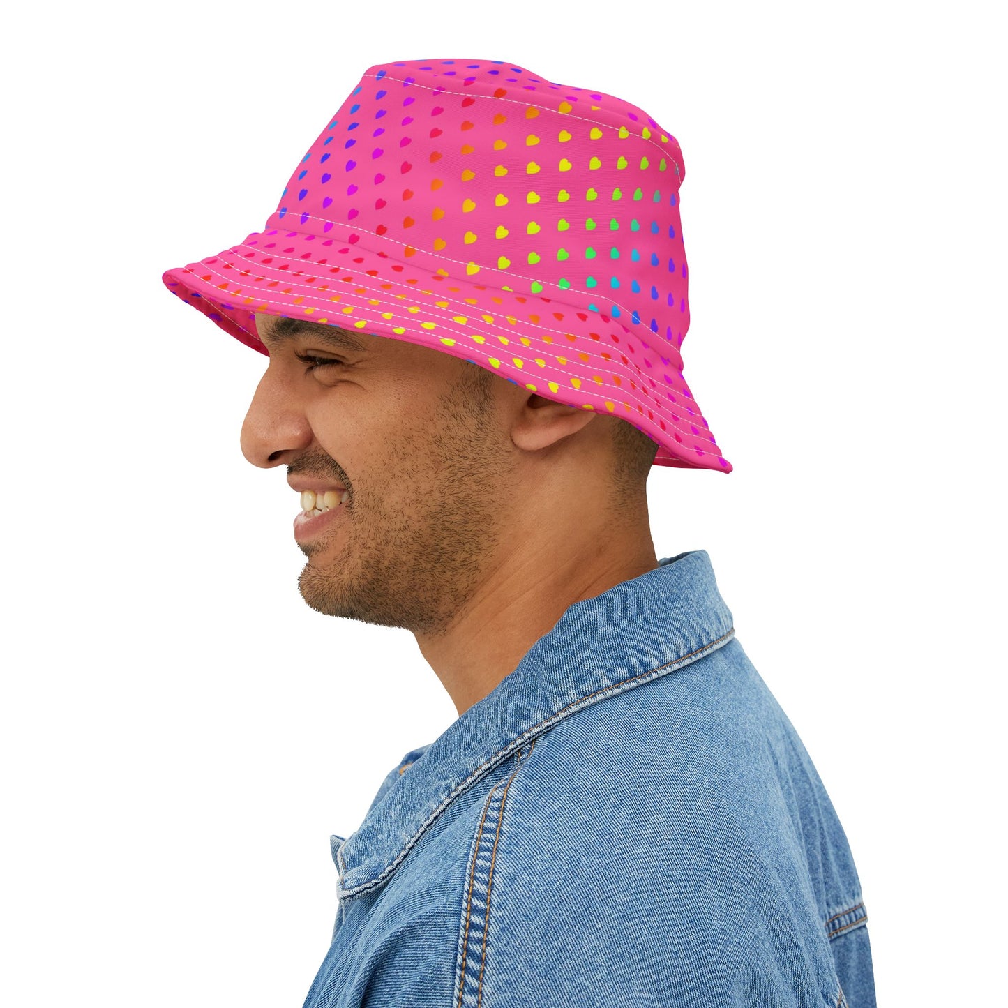 Pink Rainbow Heart Bucket Hat — Colorful Polka Dot Summer Sun Hat