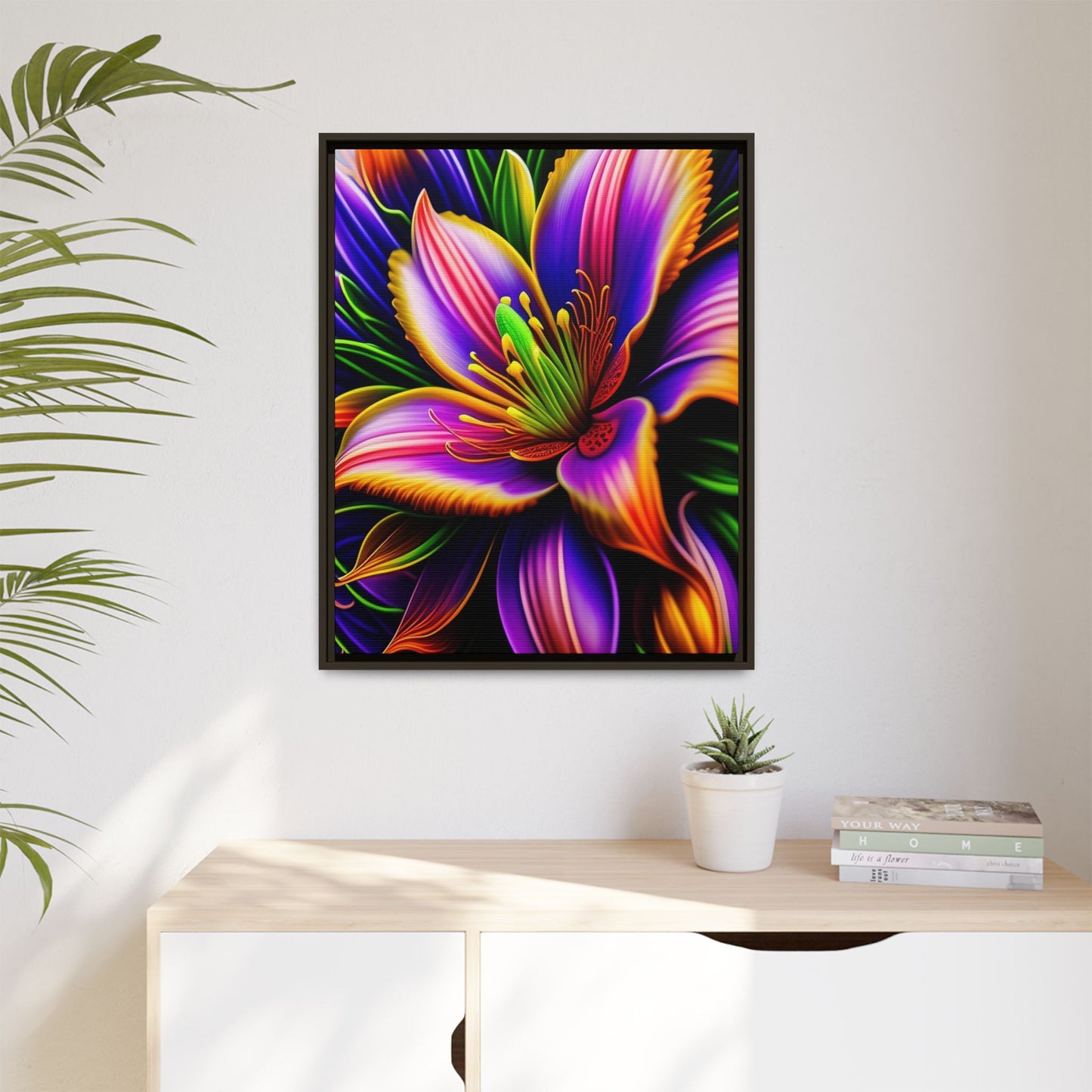 Vibrant Neon Floral Matte Canvas Print — Framed Wall Art