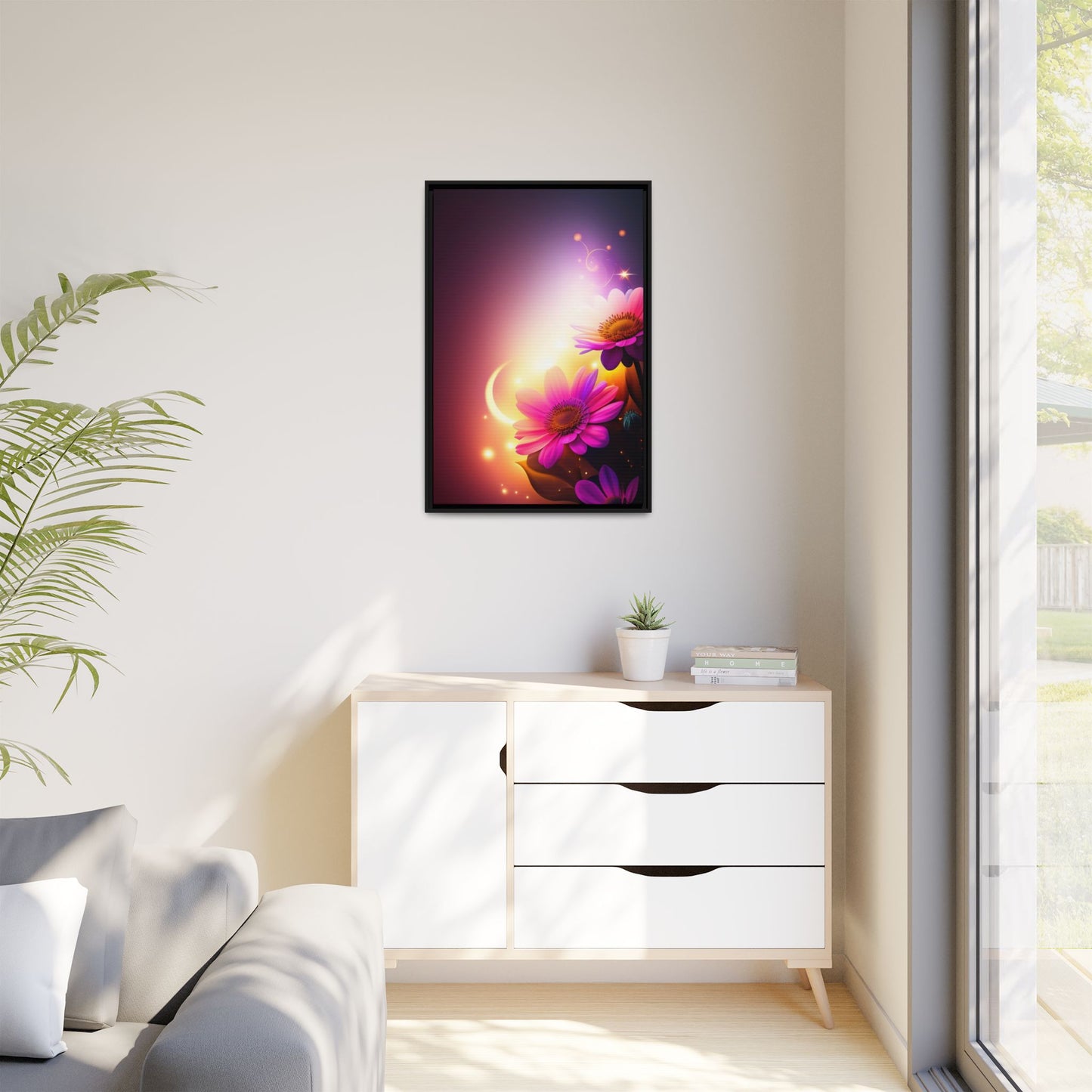 Framed Floral Canvas Art — Pink Daisies Sunset Wall Print