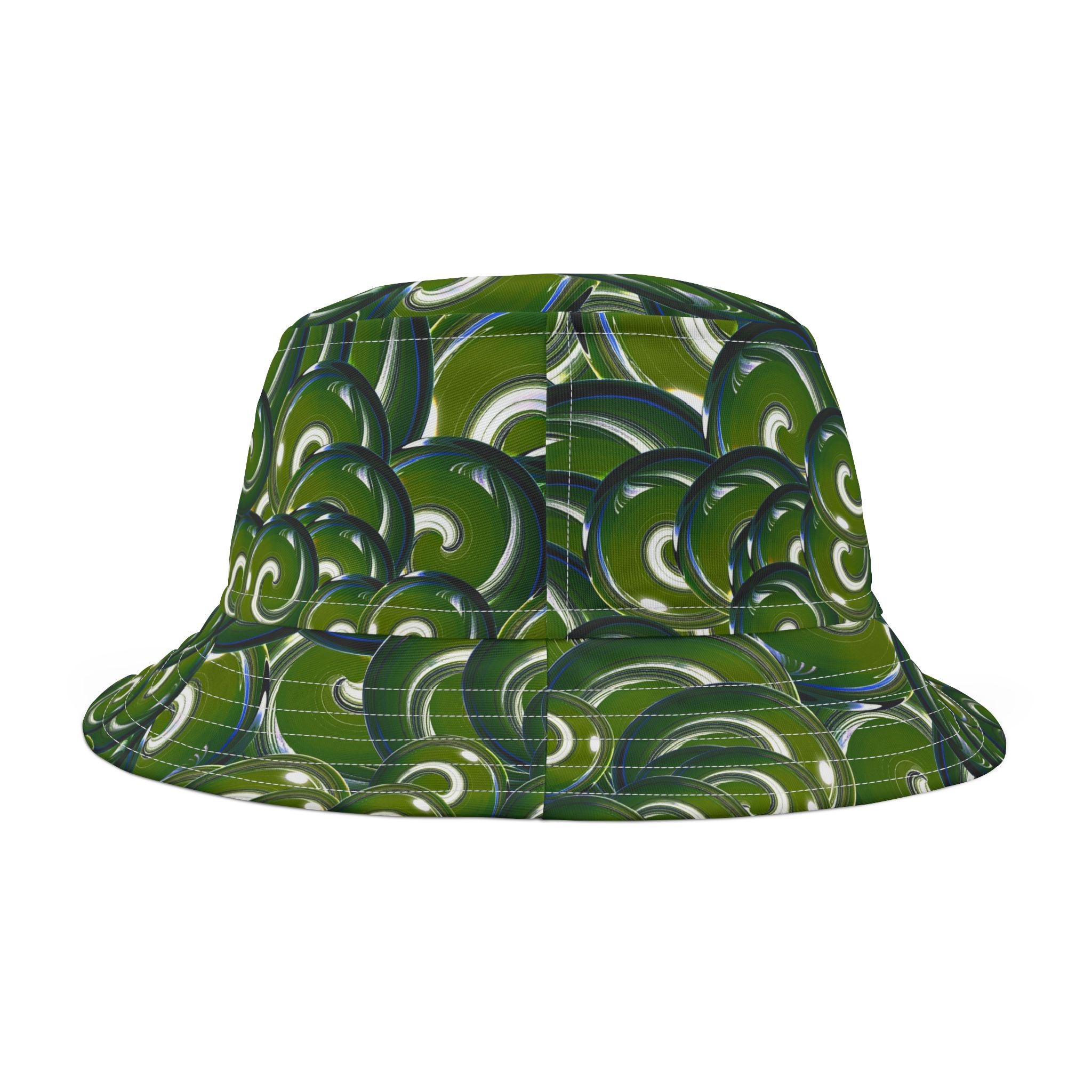 Green Swirl Pattern Bucket Hat – All-Over Print Casual Sun Hat
