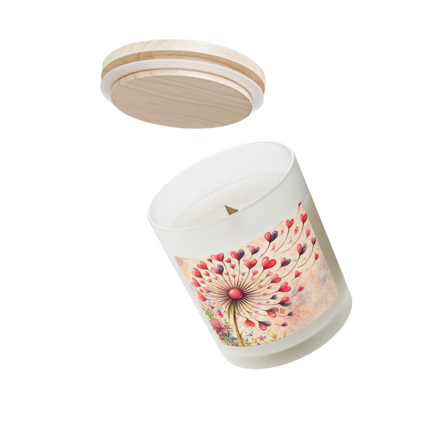 Frosted Glass Candle — Whimsical Heart Dandelion Floral Scented Candle (11oz)