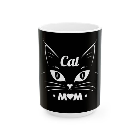 Cat Mom Ceramic Mug — Black Cat Face 11oz & 15oz Coffee Cup