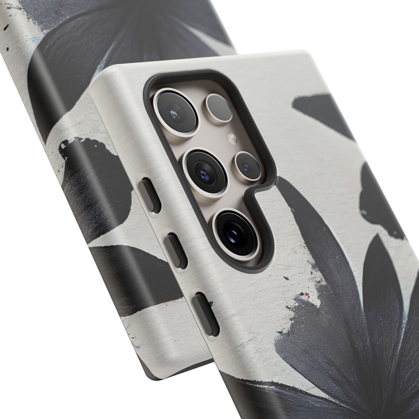 Monochrome Floral Tough Phone Case — Black Ink Flower Protective Cover