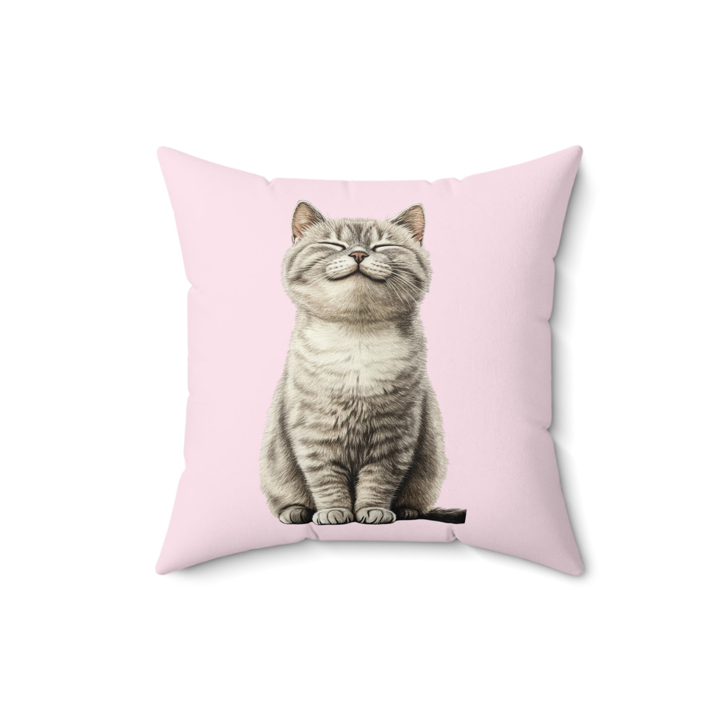 Smiling Cat Throw Pillow — Cute Grey Kitten on Pink Decorative Pillow