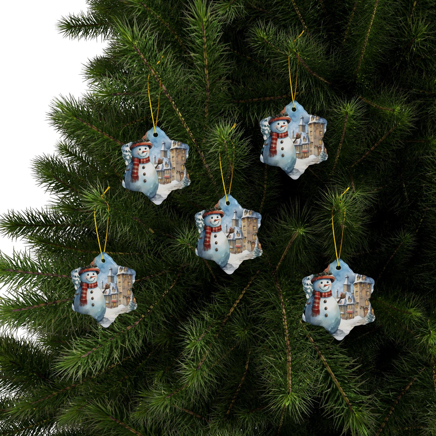 Snowman Village Ceramic Ornament — Double-Sided Christmas Tree Decoration