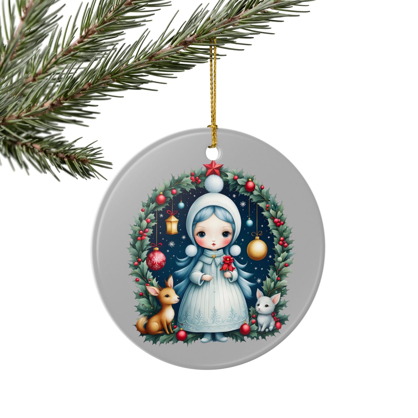 Snow Maiden Ceramic Christmas Ornament — Cute Winter Girl Wreath Design (2-Sided)