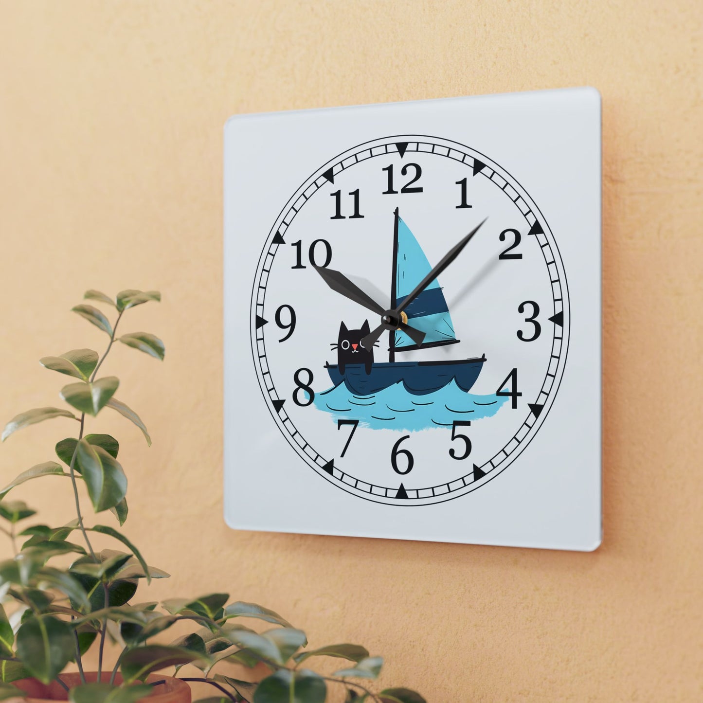 Sailing Cat Acrylic Wall Clock, Cute Home Decor