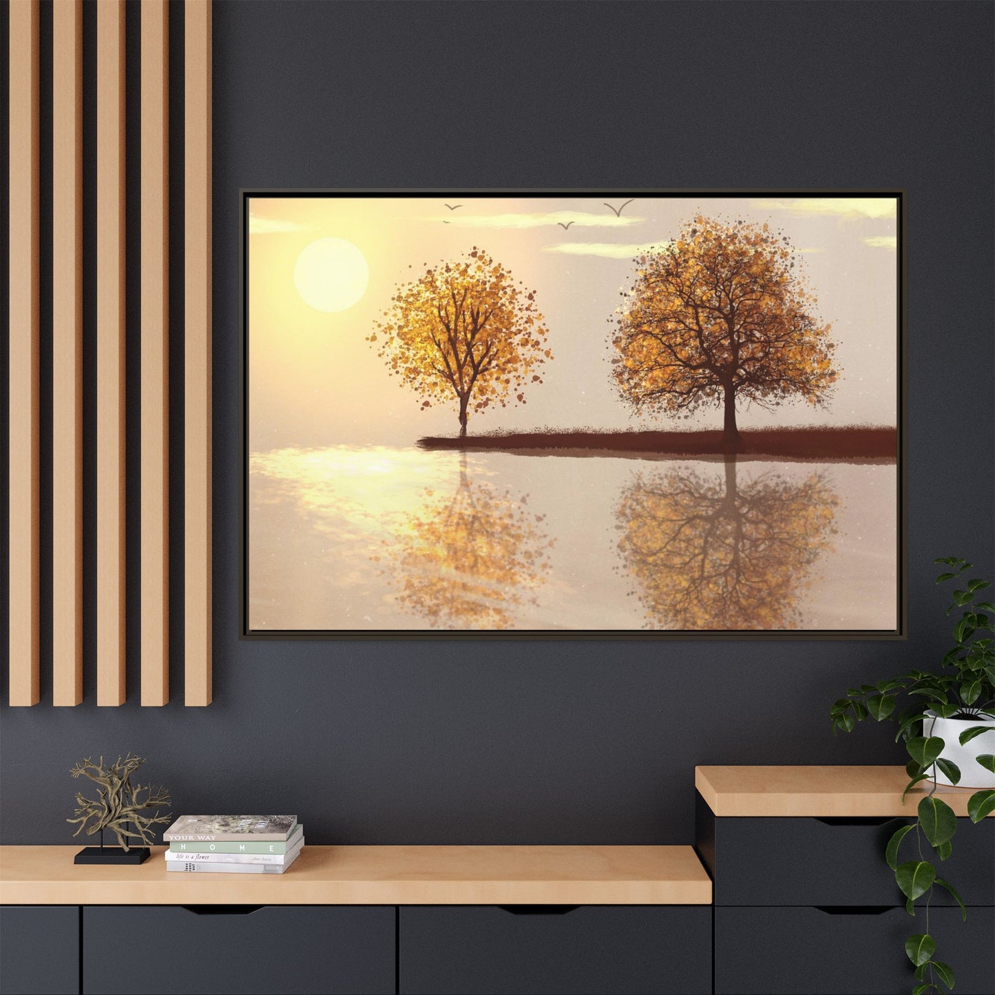 Framed Matte Canvas Wall Art — Golden Autumn Trees Reflection