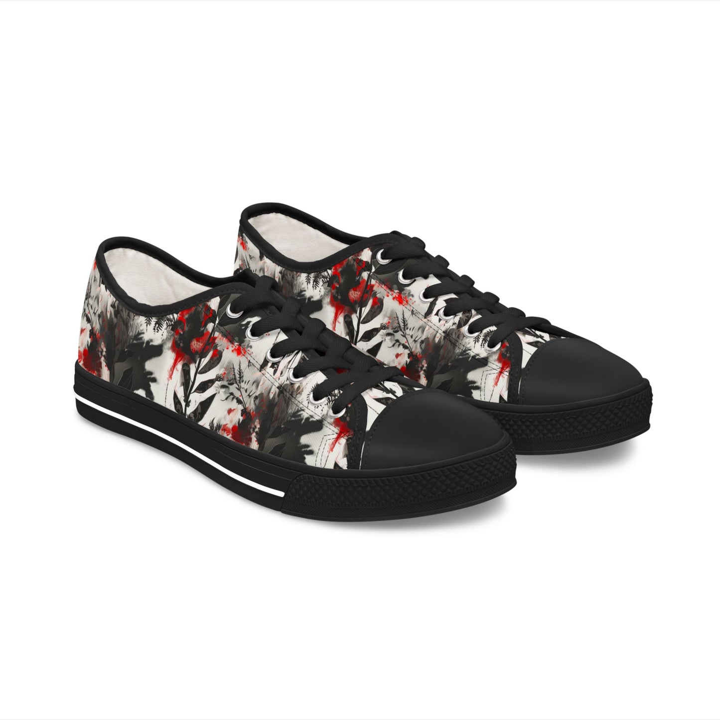 Floral Ink-Blend Low Top Sneakers — Artistic Black & Red Canvas Shoes