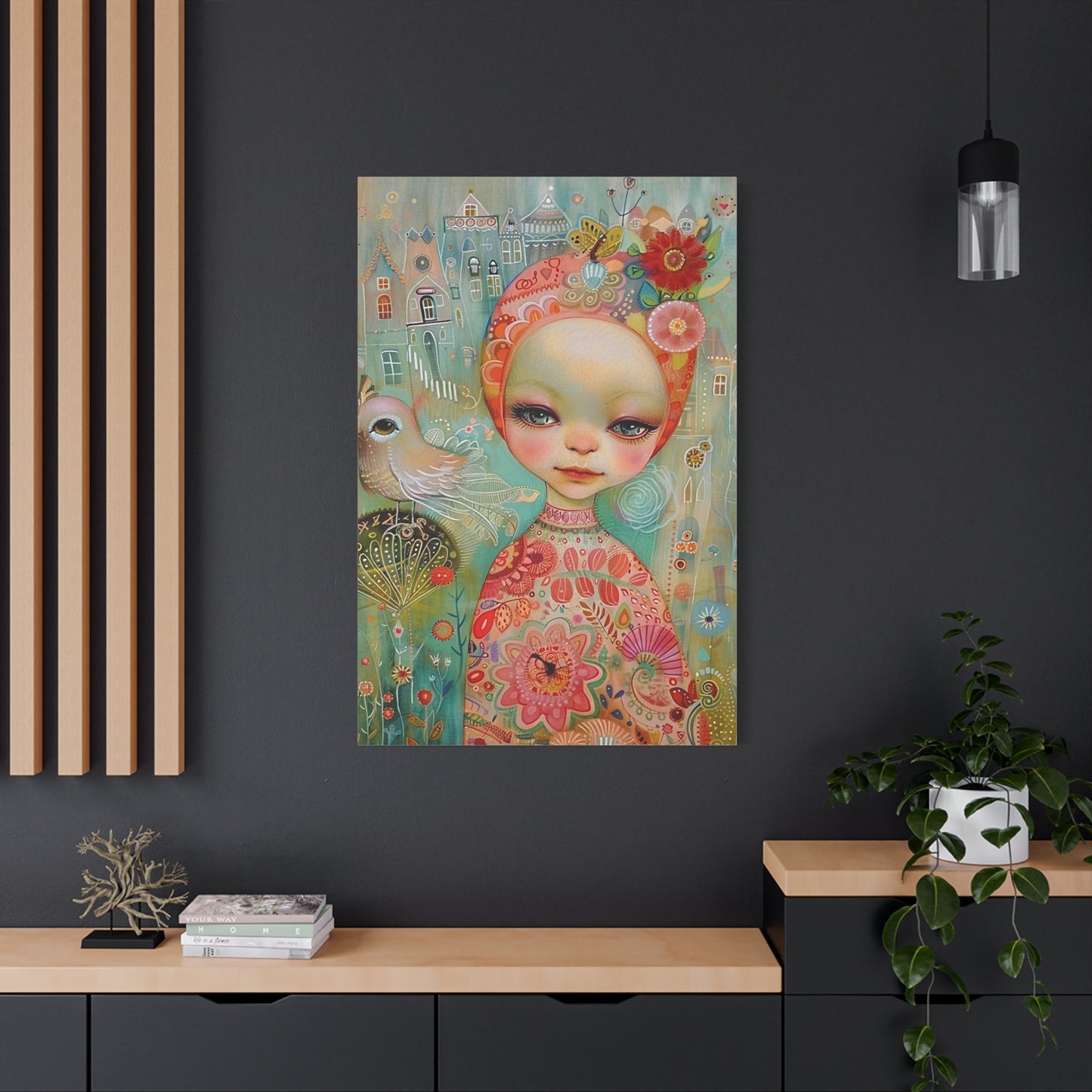 Whimsical Girl & Bird Matte Canvas Wall Art — Stretched Decorative Painting