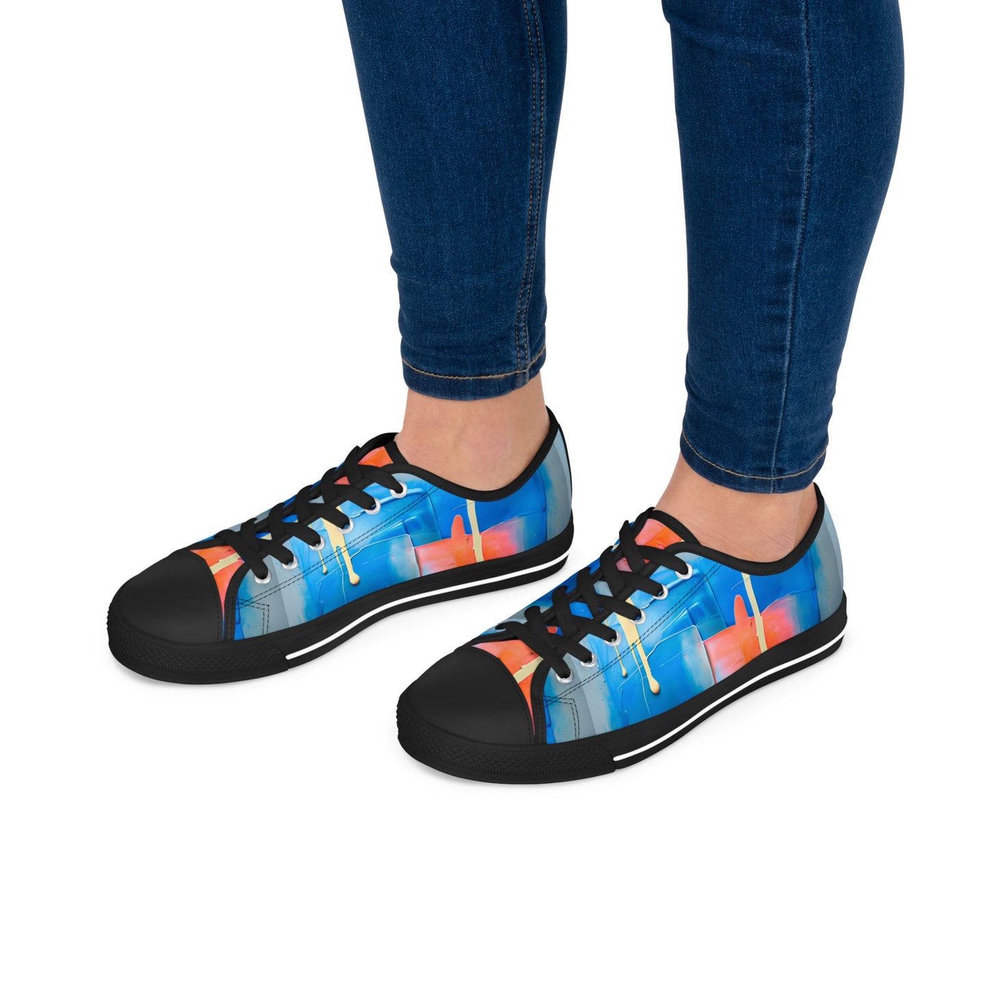 Low Top Sneakers — Abstract Blue & Coral Watercolor Design