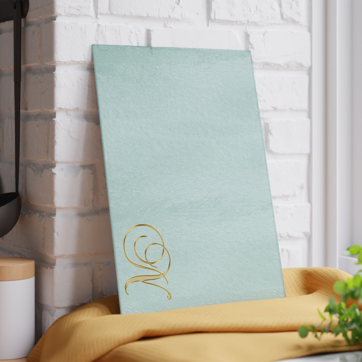 Monogram Glass Cutting Board — Mint or Clear Tempered Glass with Gold Script "N"