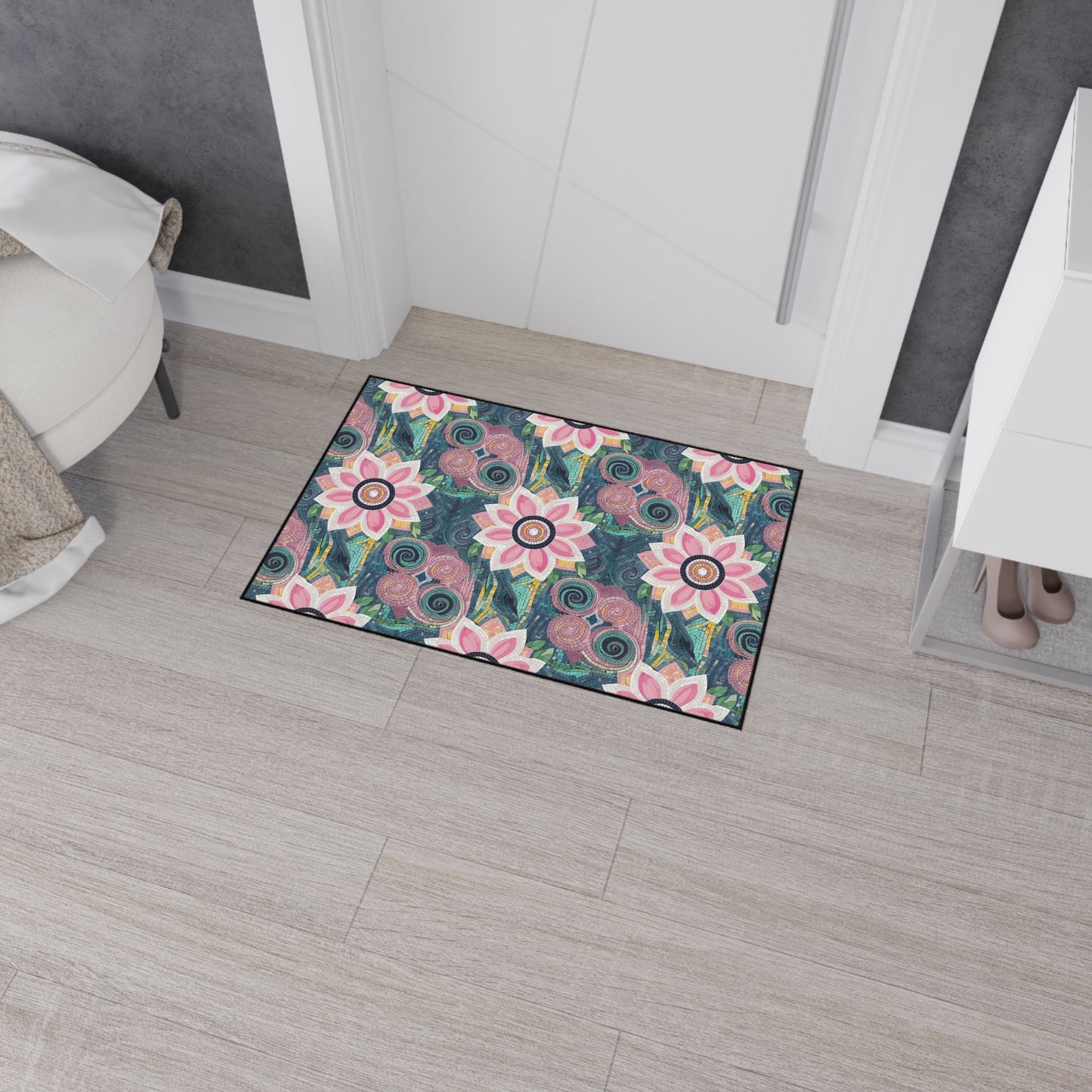 Floral Boho Heavy-Duty Floor Mat — Pink Lotus Pattern Rug