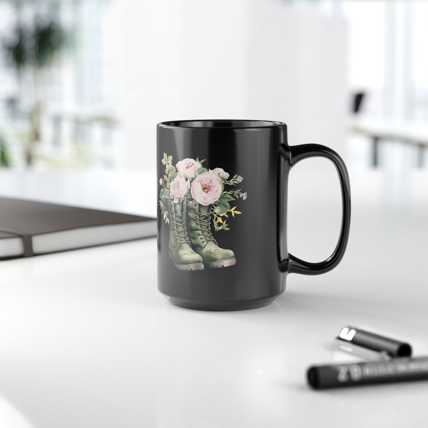 Floral Combat Boots Black 15oz Mug — Rustic Military Flower Coffee Cup