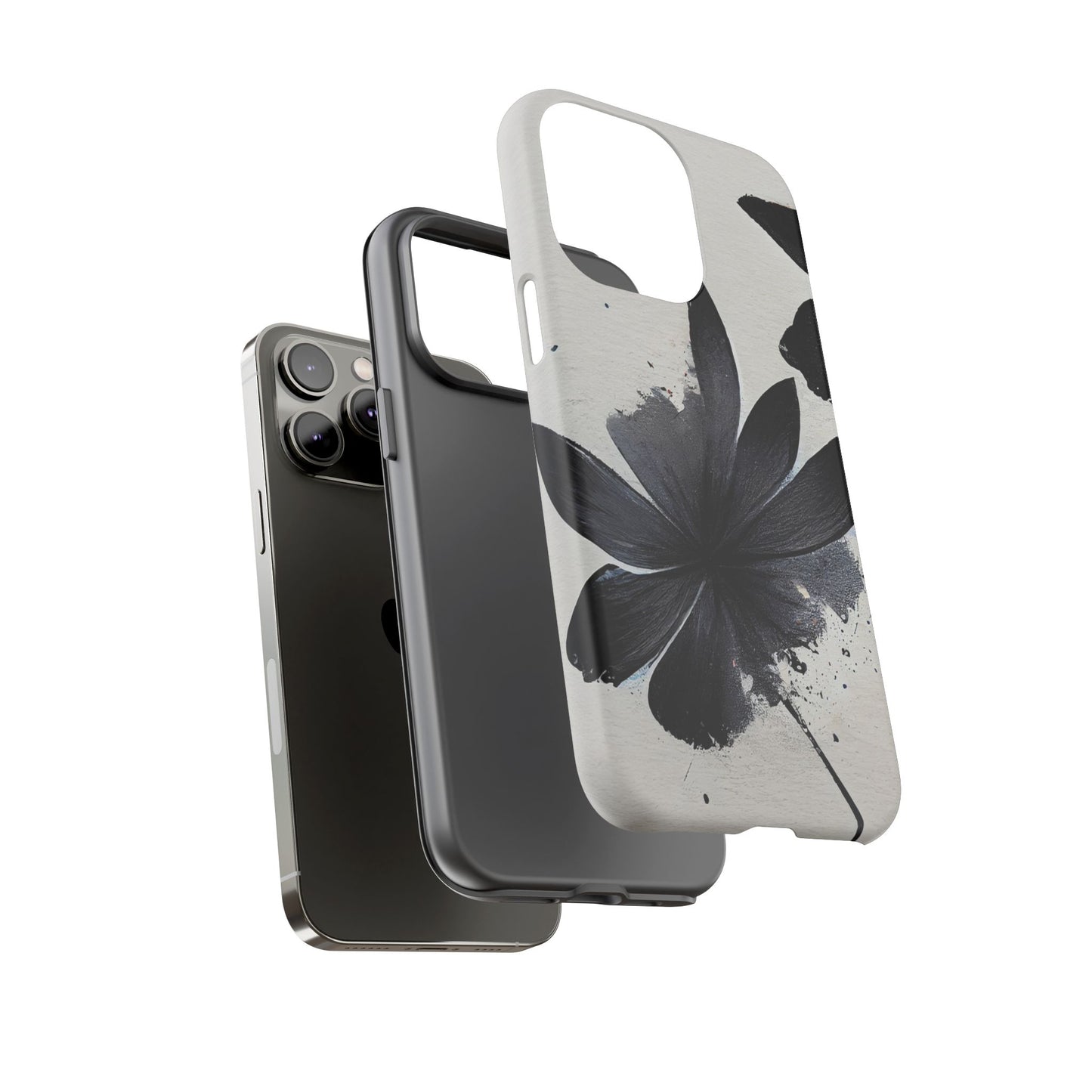 Monochrome Floral Tough Phone Case — Black Ink Flower Protective Cover