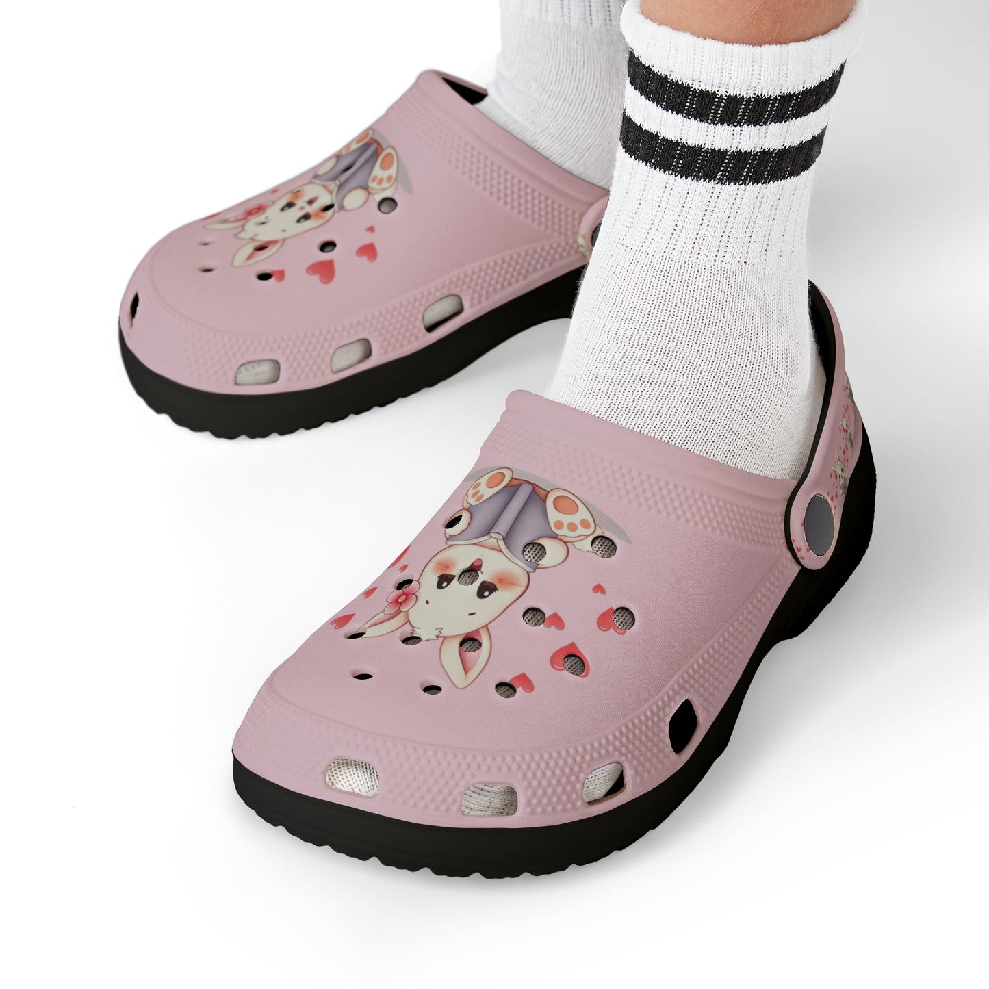 Kids Pink Bunny Clogs — Cute EVA Foam Slip-On Shoes with Hearts